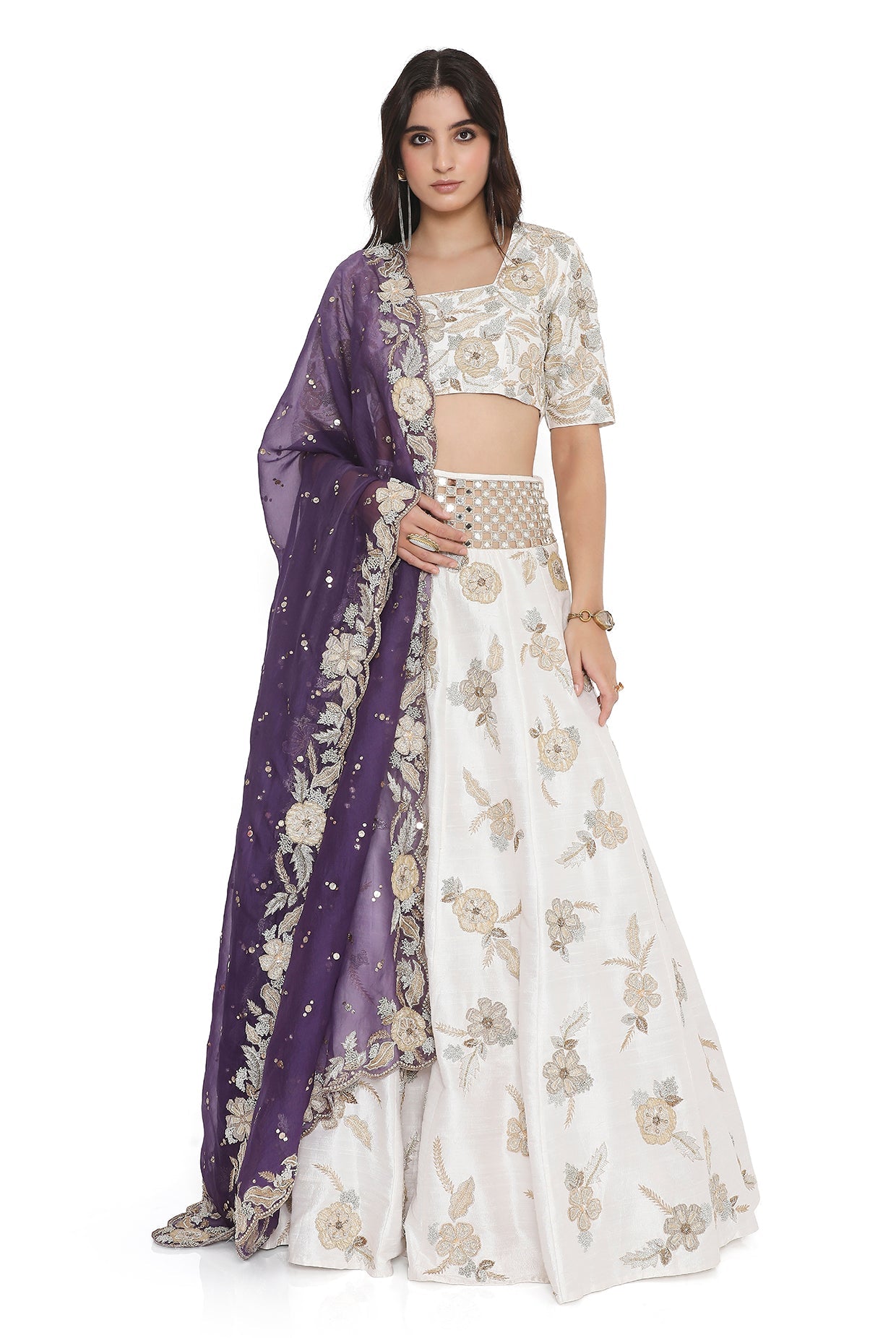 Off-White Embroidered Choli And Lehenga With Embroidered Dupatta