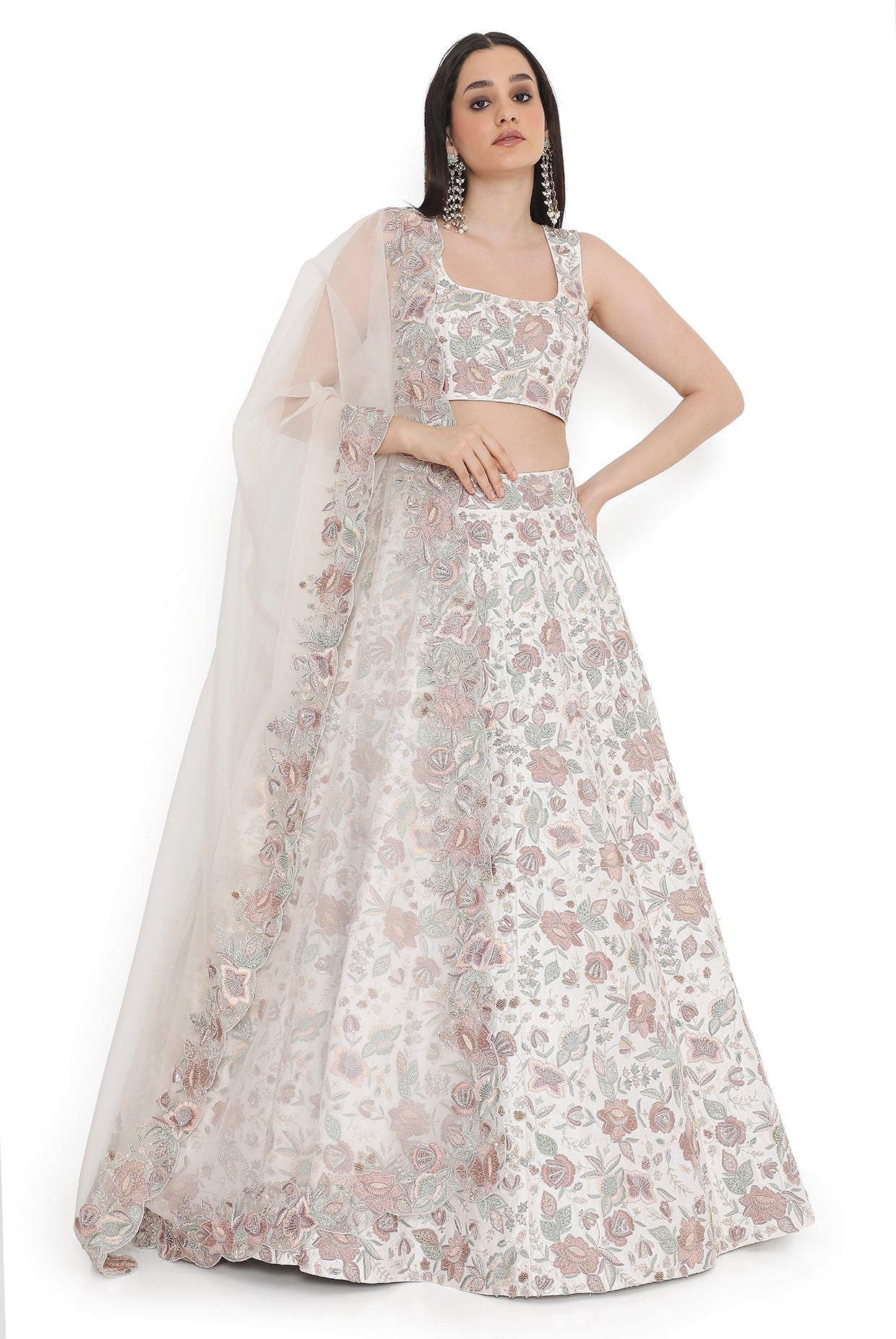 Ivory Embroidered Choli With Lehenga And Dupatta