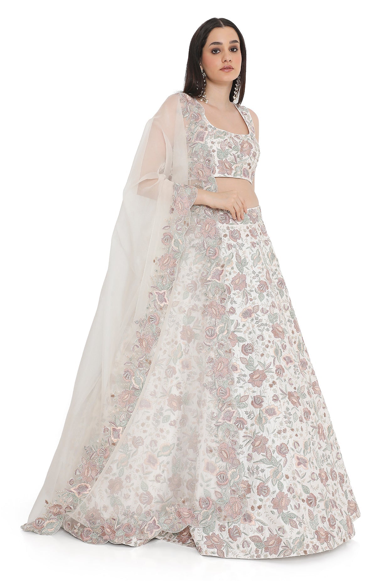 Ivory Embroidered Choli With Lehenga And Dupatta