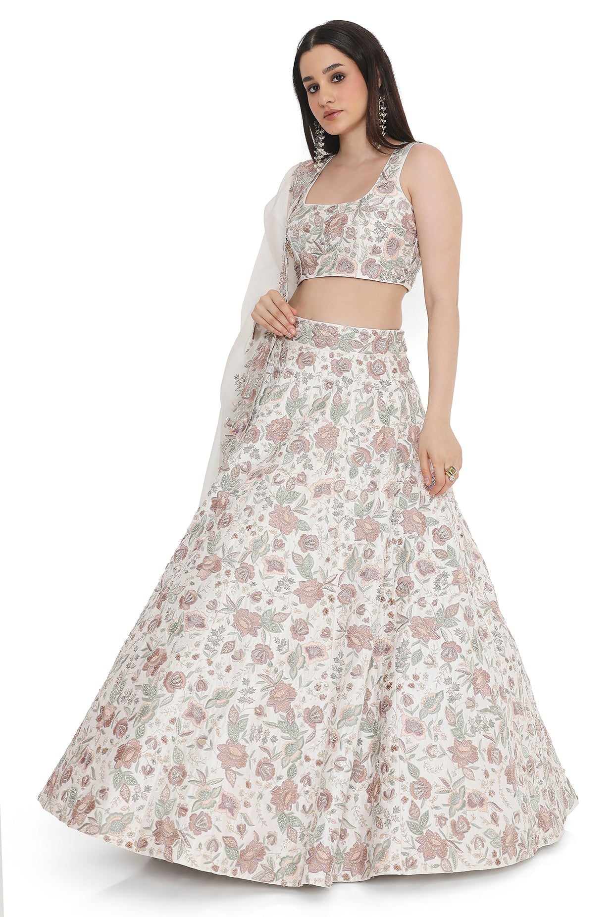 Ivory Embroidered Choli With Lehenga And Dupatta