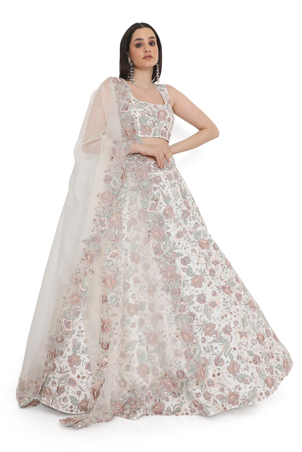 Ivory Embroidered Choli With Lehenga And Dupatta