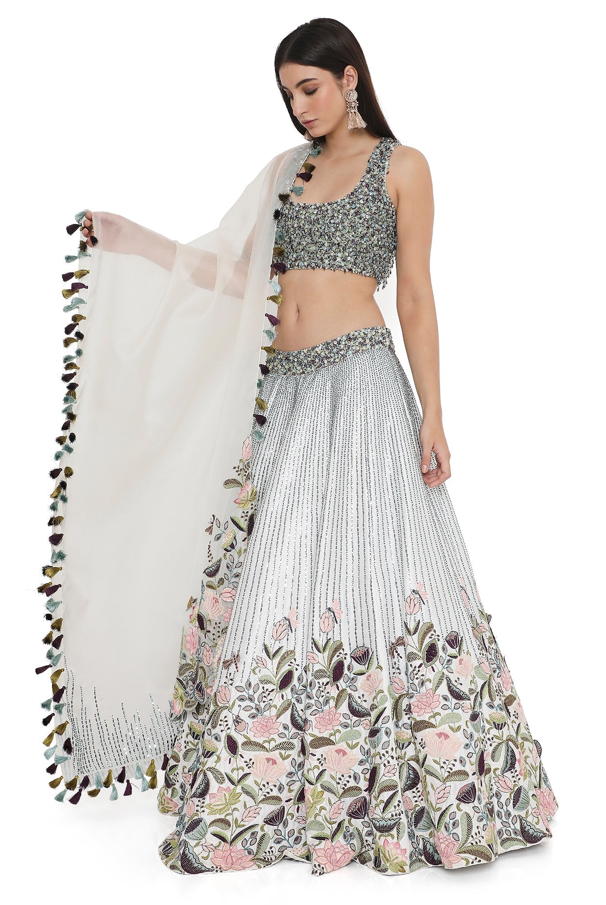 Ivory Embroidered Choli And Embroidered Lehenga With Dupatta