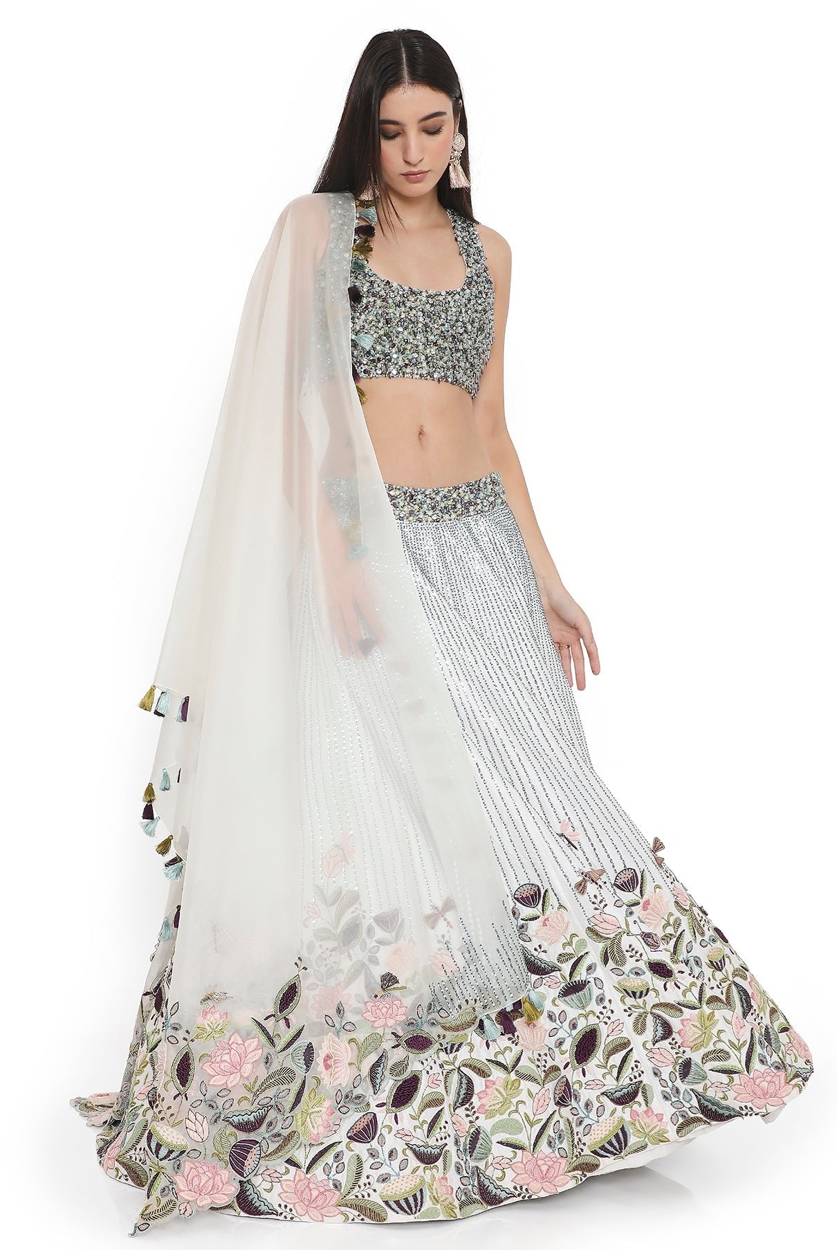 Ivory Embroidered Choli And Embroidered Lehenga With Dupatta