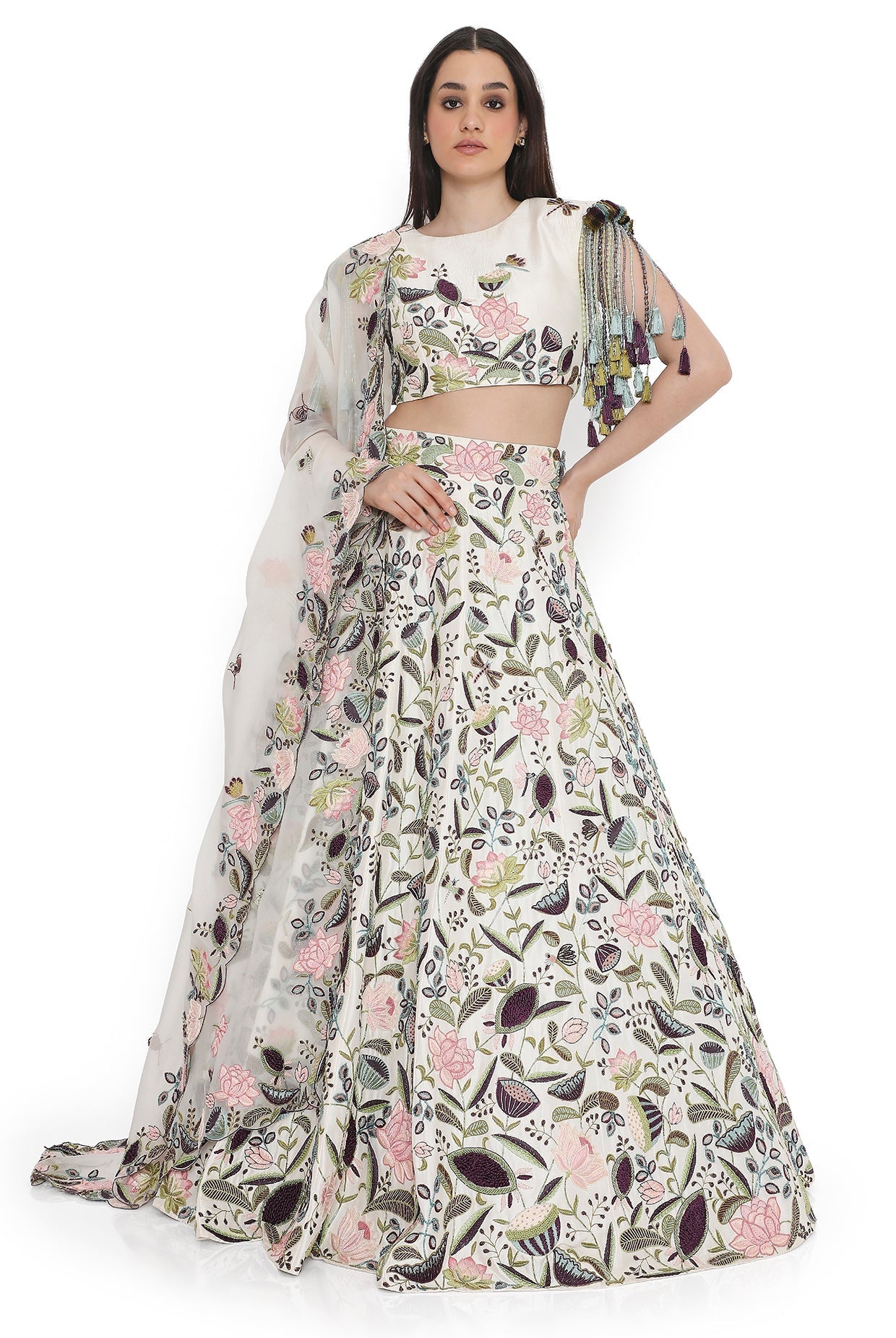 Ivory Embroidered Choli And Embroidered Lehenga With Dupatta