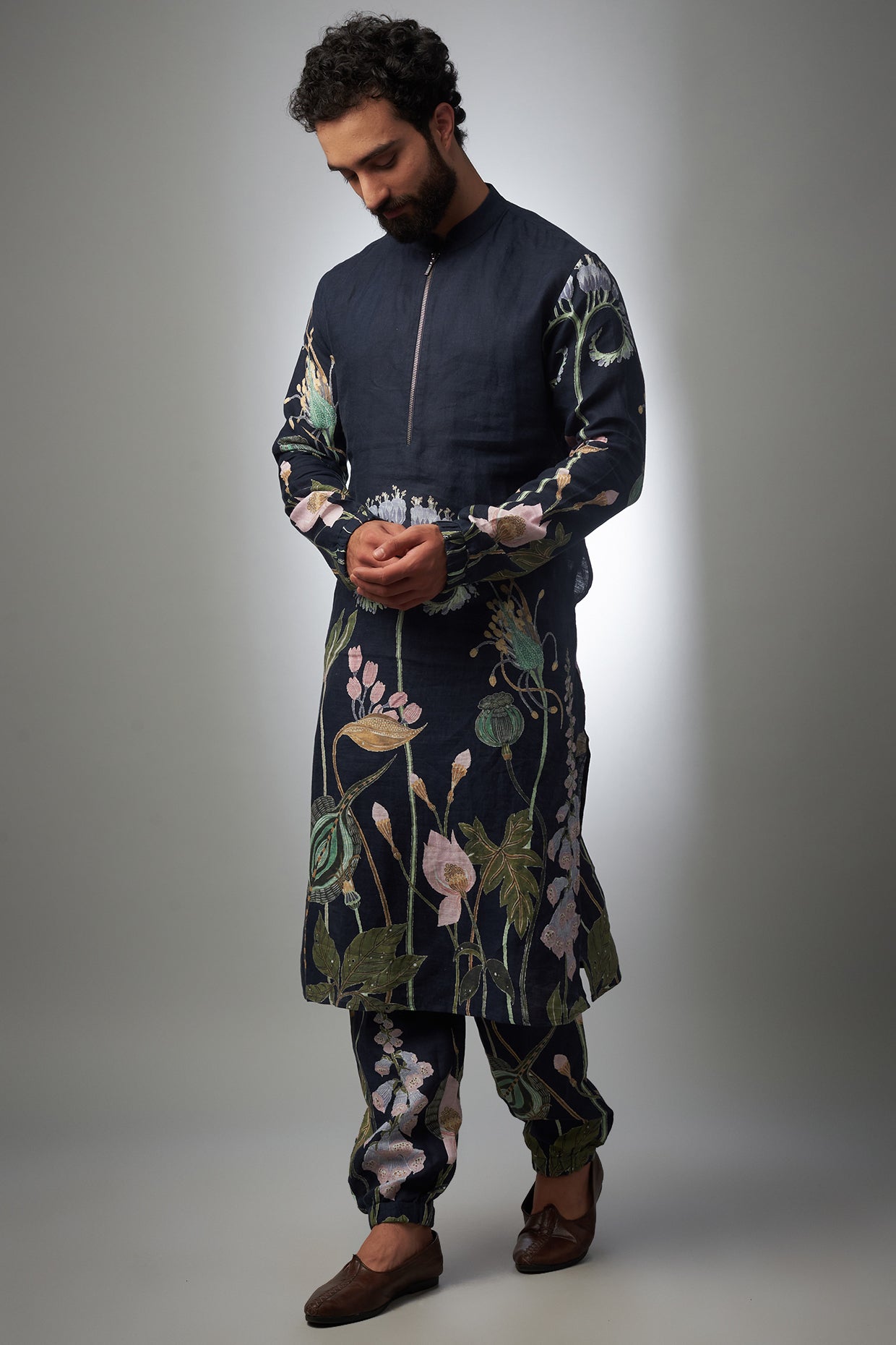 Navy Printed Linen Bomber Kurta With Jogger Pant