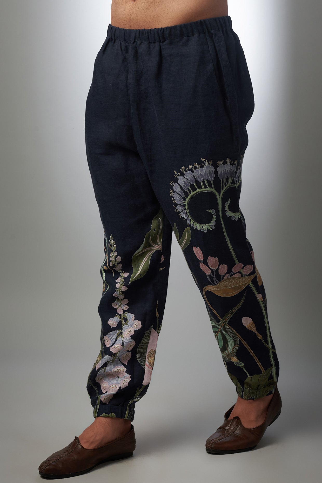 Navy Printed Linen Bomber Kurta With Jogger Pant