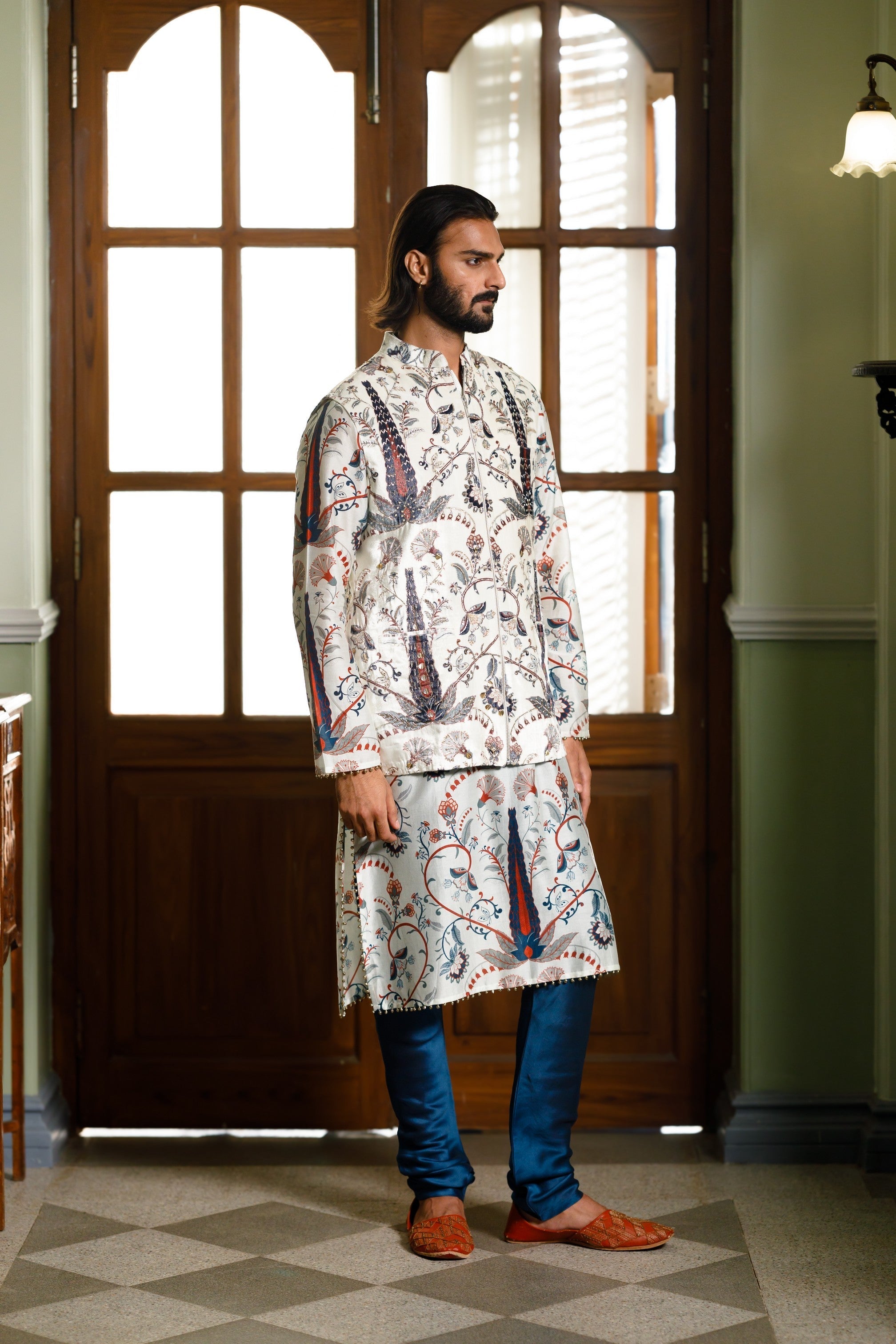 Blue Embroidered Forest Whisper Printed Bandi And Printed Kurta With Churidar
