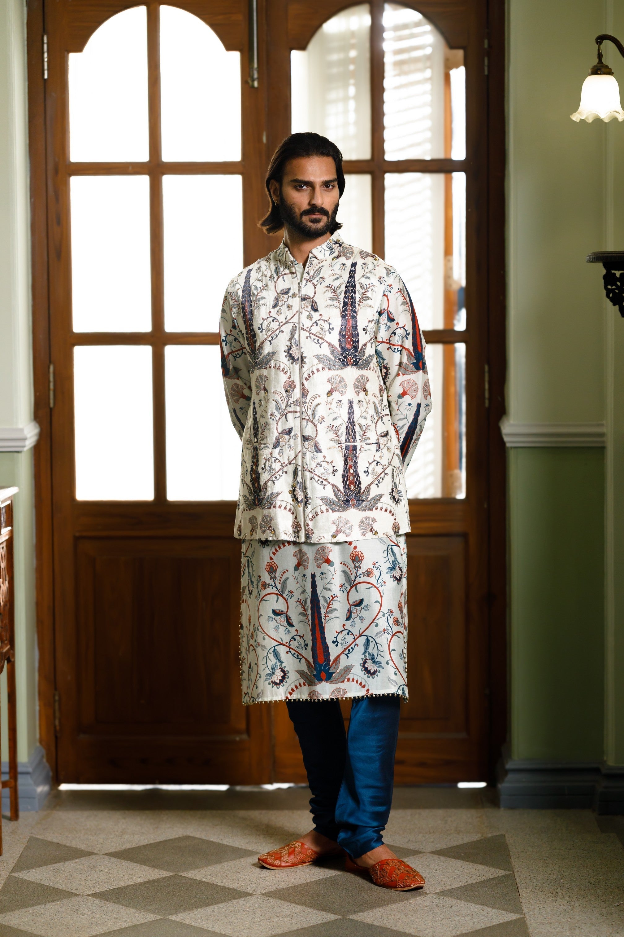 Blue Embroidered Forest Whisper Printed Bandi And Printed Kurta With Churidar
