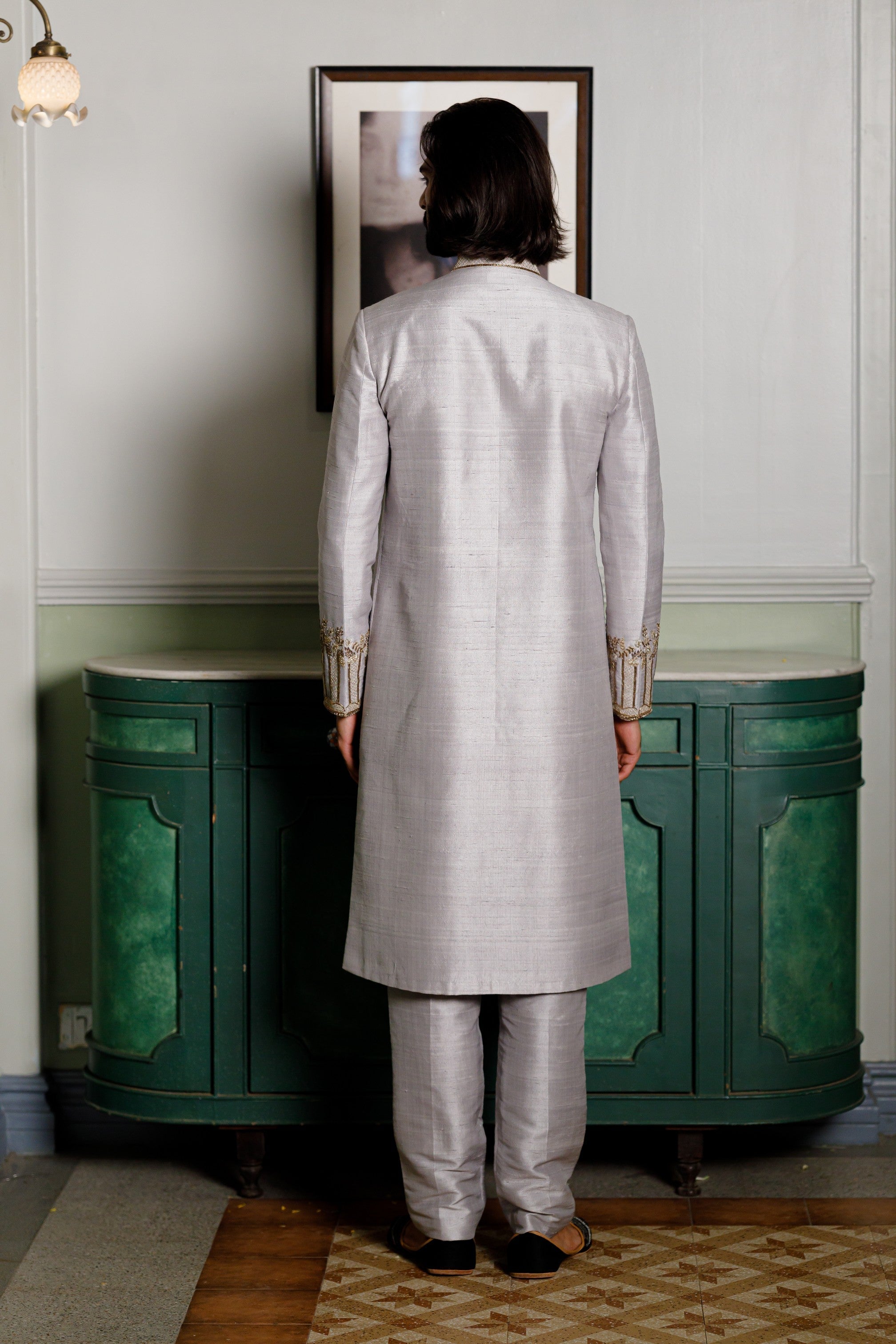 Grey Embroidered Sherwani With Pant