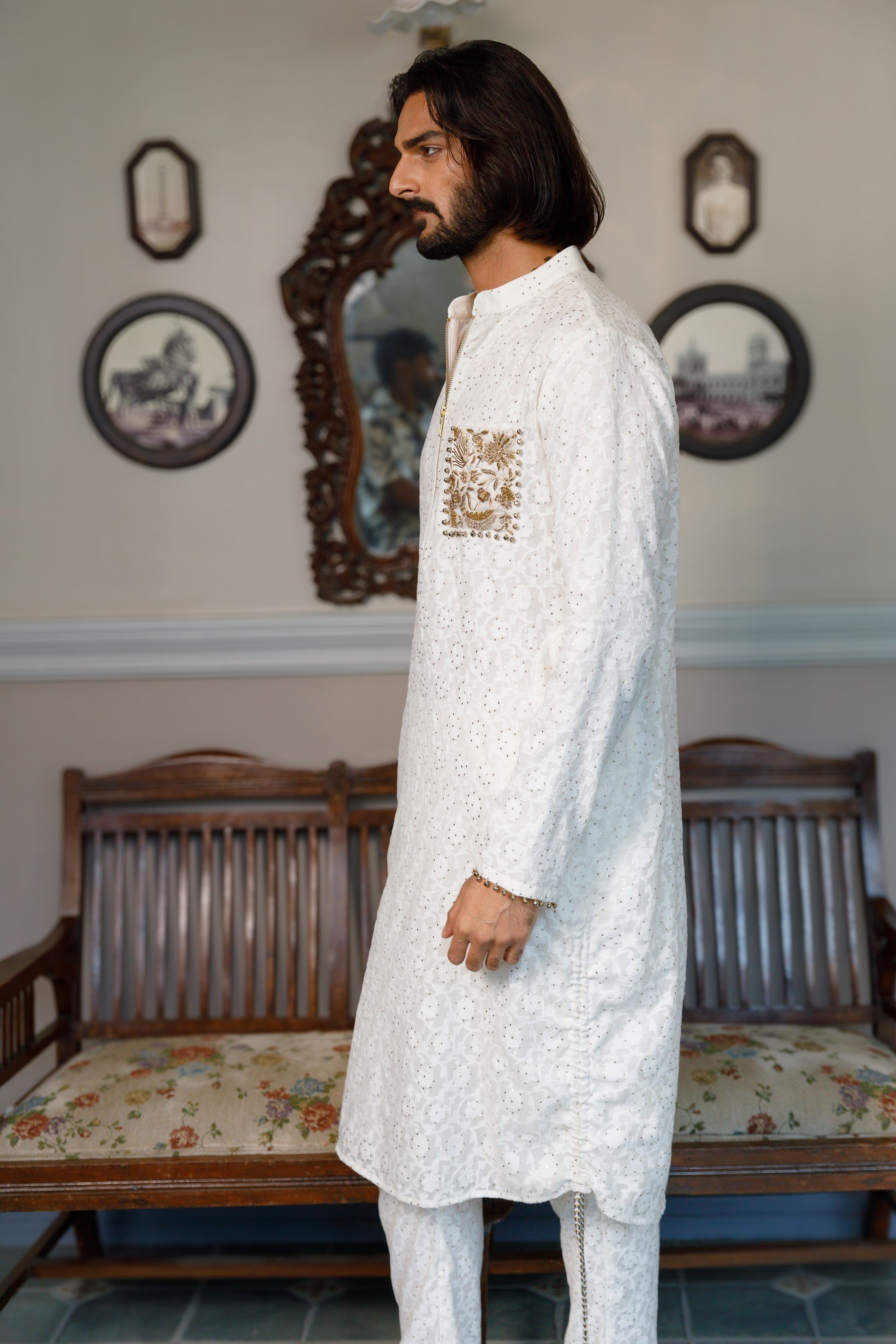Off White Pocket Embroidered Kurta With Pant
