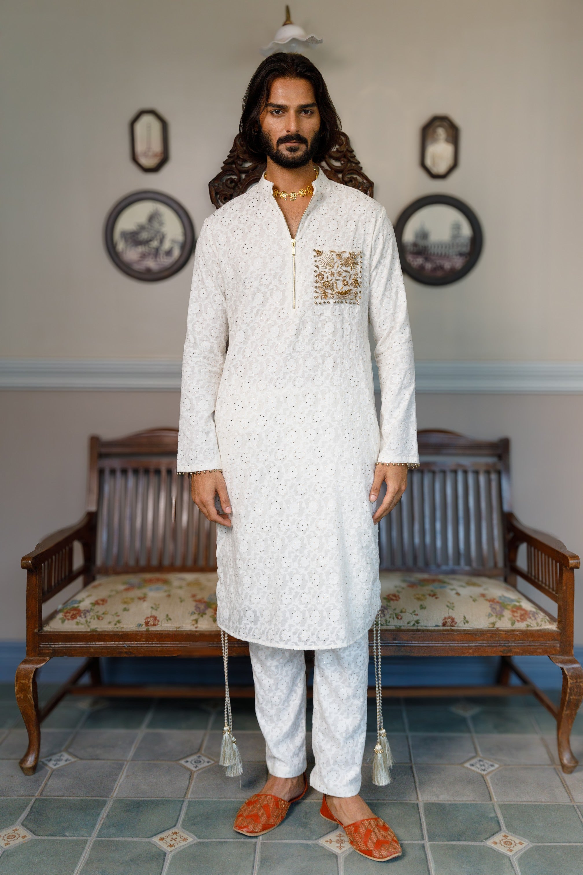 Off White Pocket Embroidered Kurta With Pant