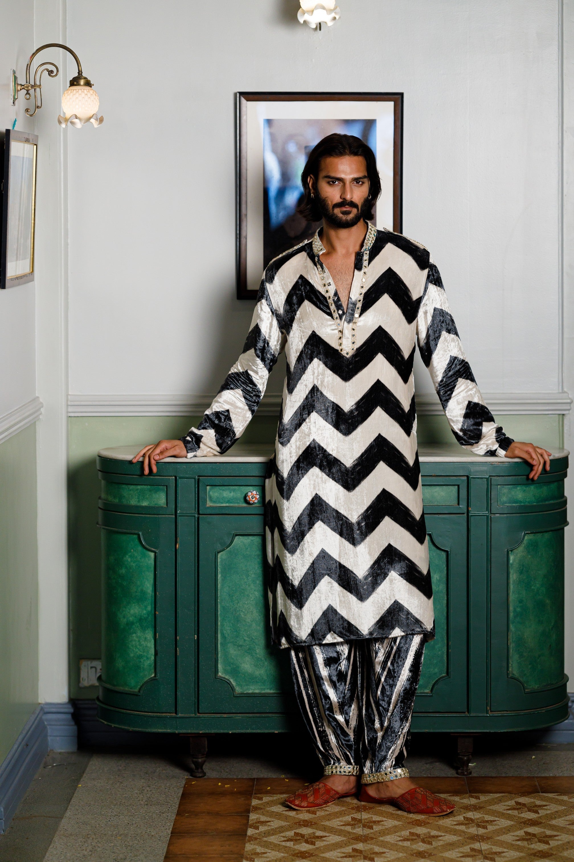 Chevron Printed Embroidered Kurta And Salwar