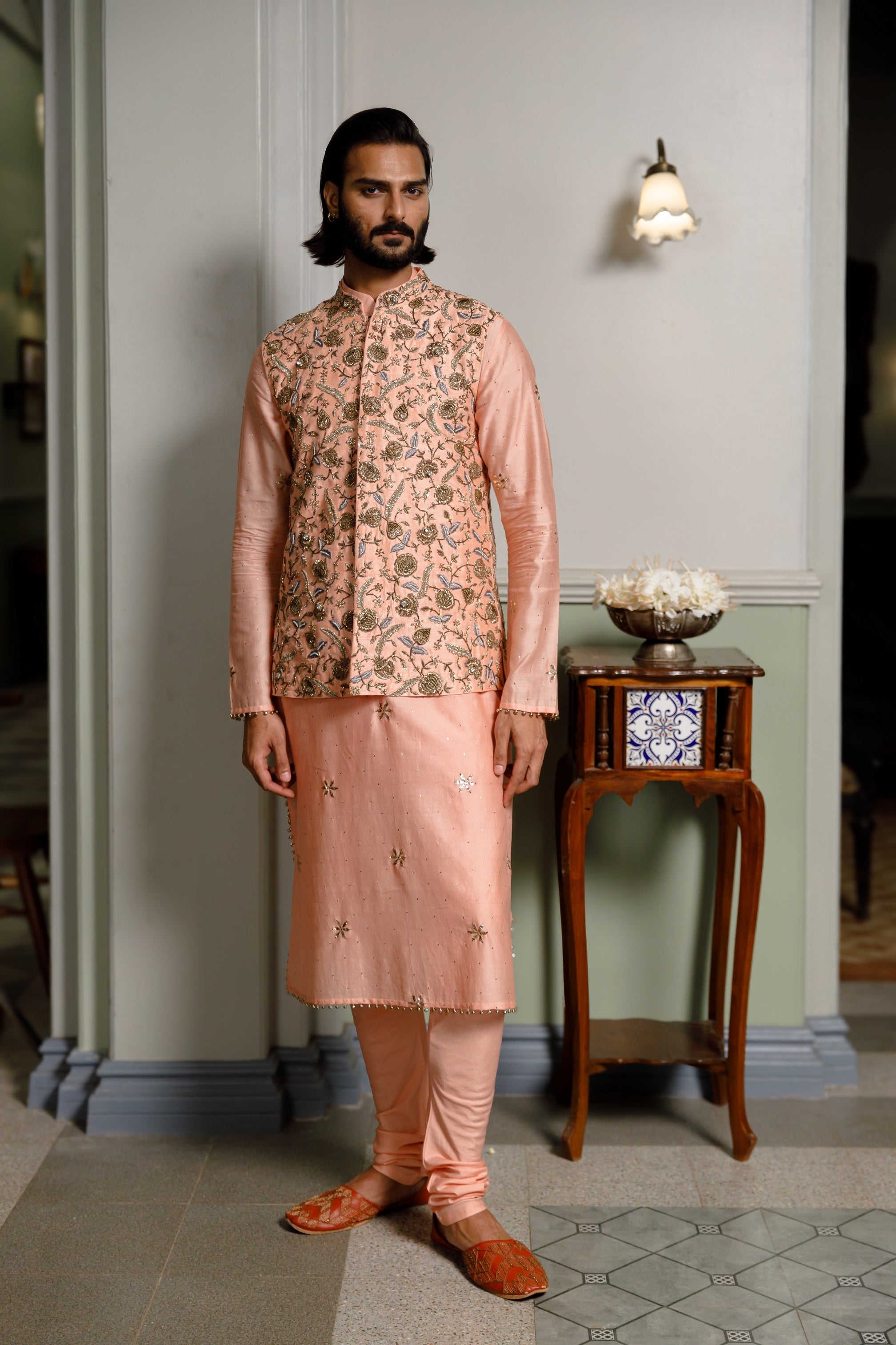 Peach Embroidered Bandi And Kurta With Cotton Silk Churidar