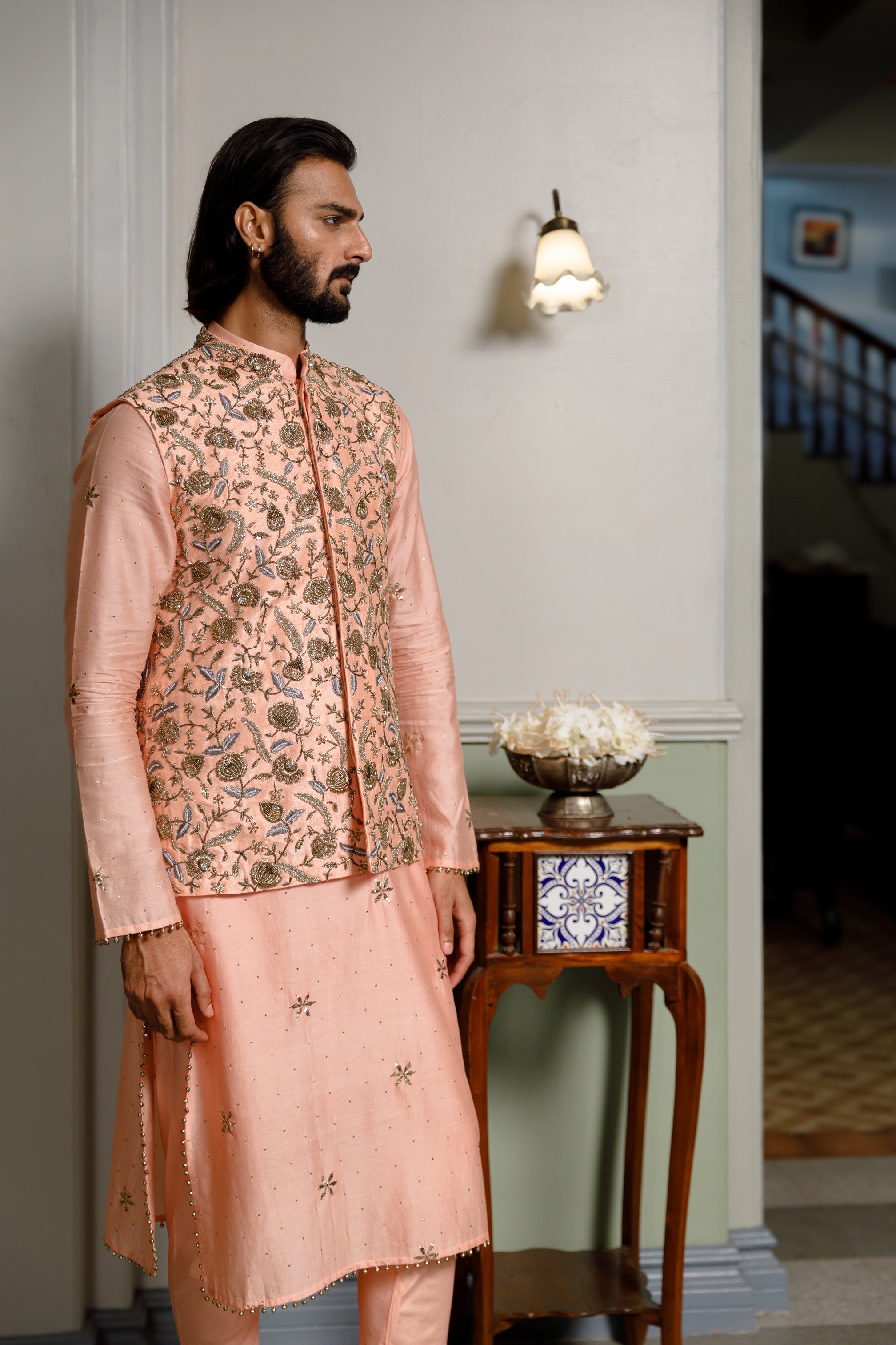 Peach Embroidered Bandi And Kurta With Cotton Silk Churidar