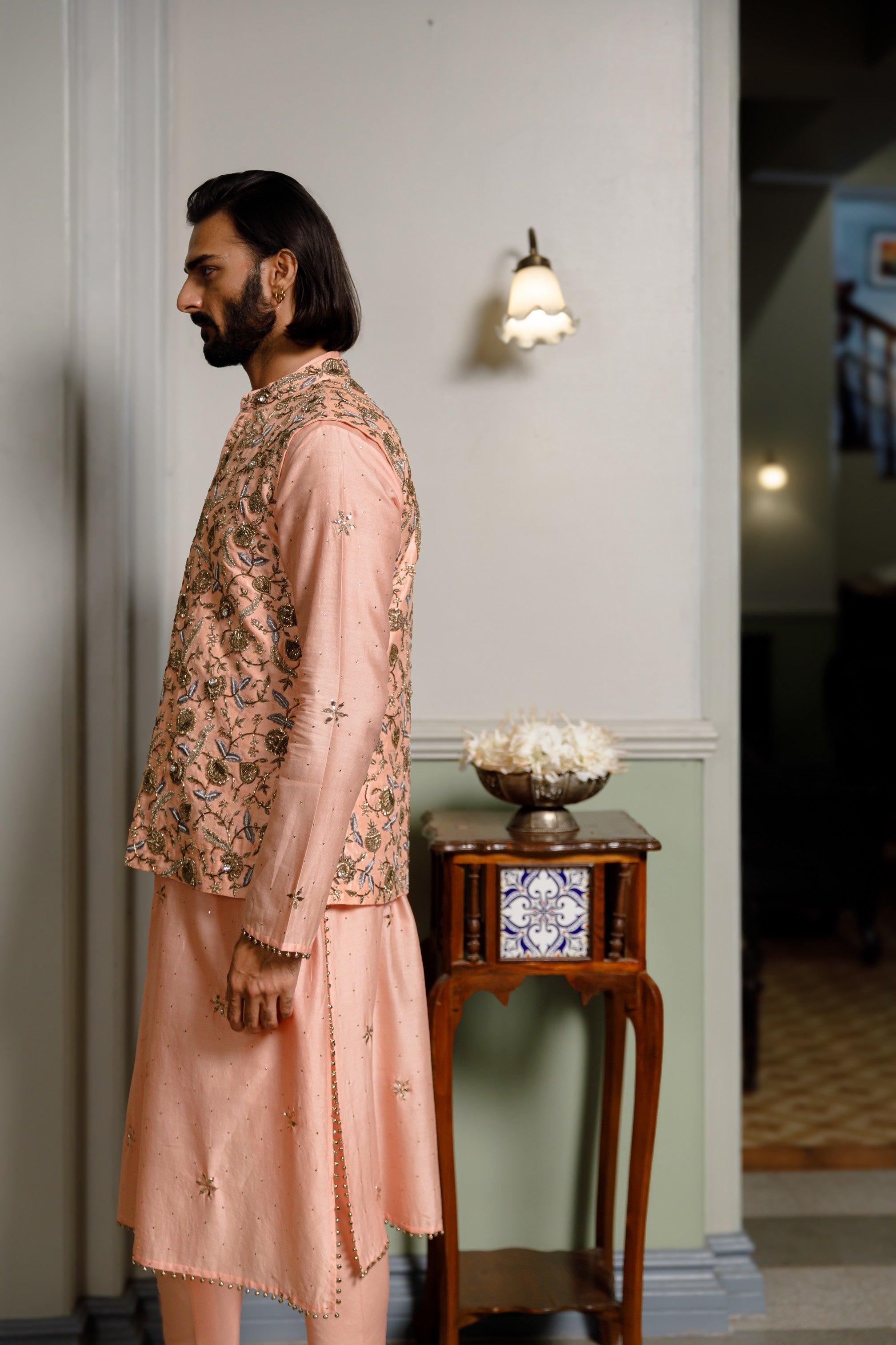 Peach Embroidered Bandi And Kurta With Cotton Silk Churidar
