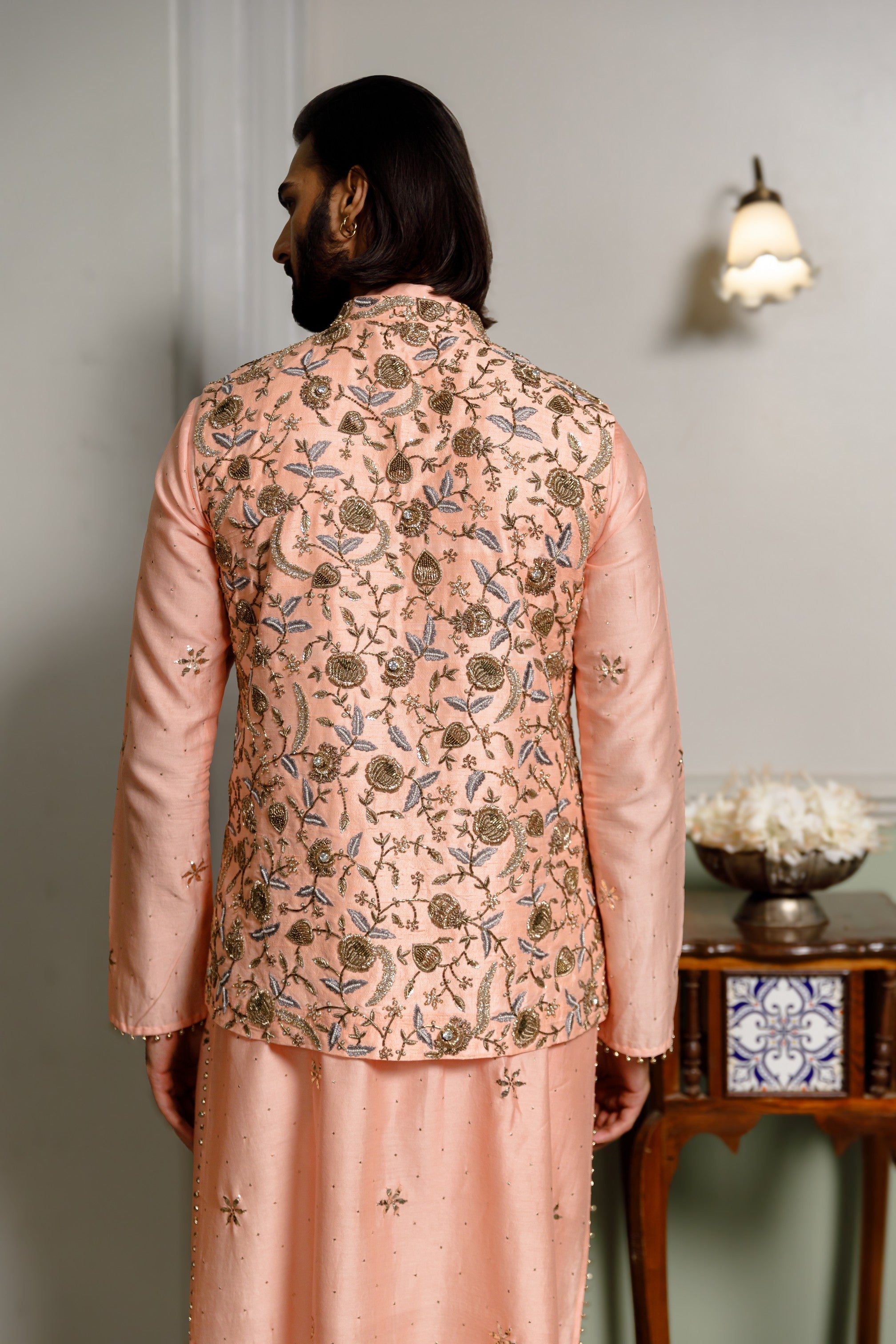 Peach Embroidered Bandi And Kurta With Cotton Silk Churidar