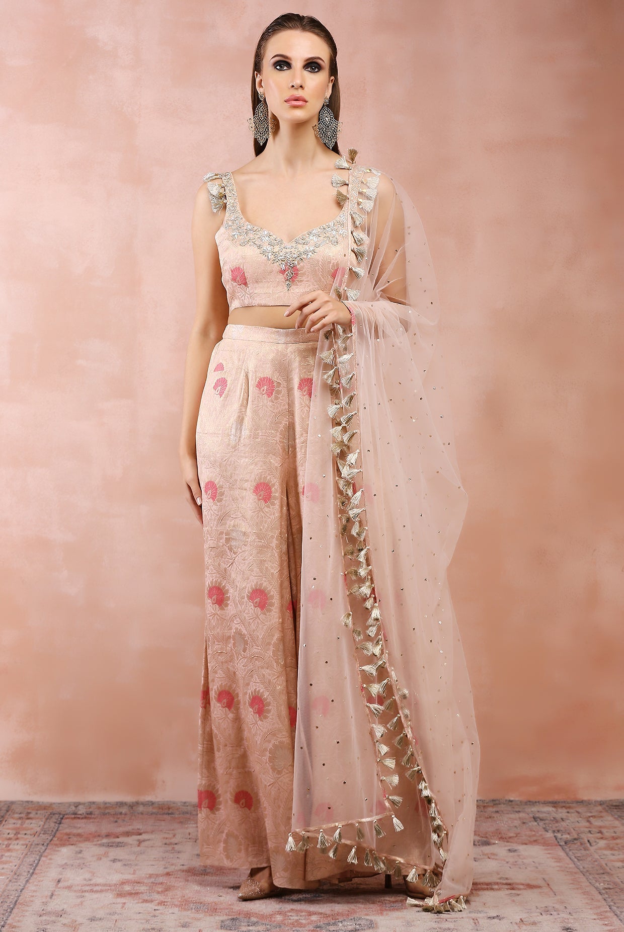 Rose pink embroidered choli and palazzo with dupatta