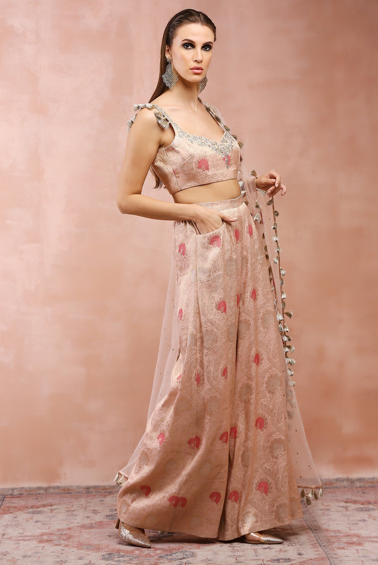 Rose pink embroidered choli and palazzo with dupatta