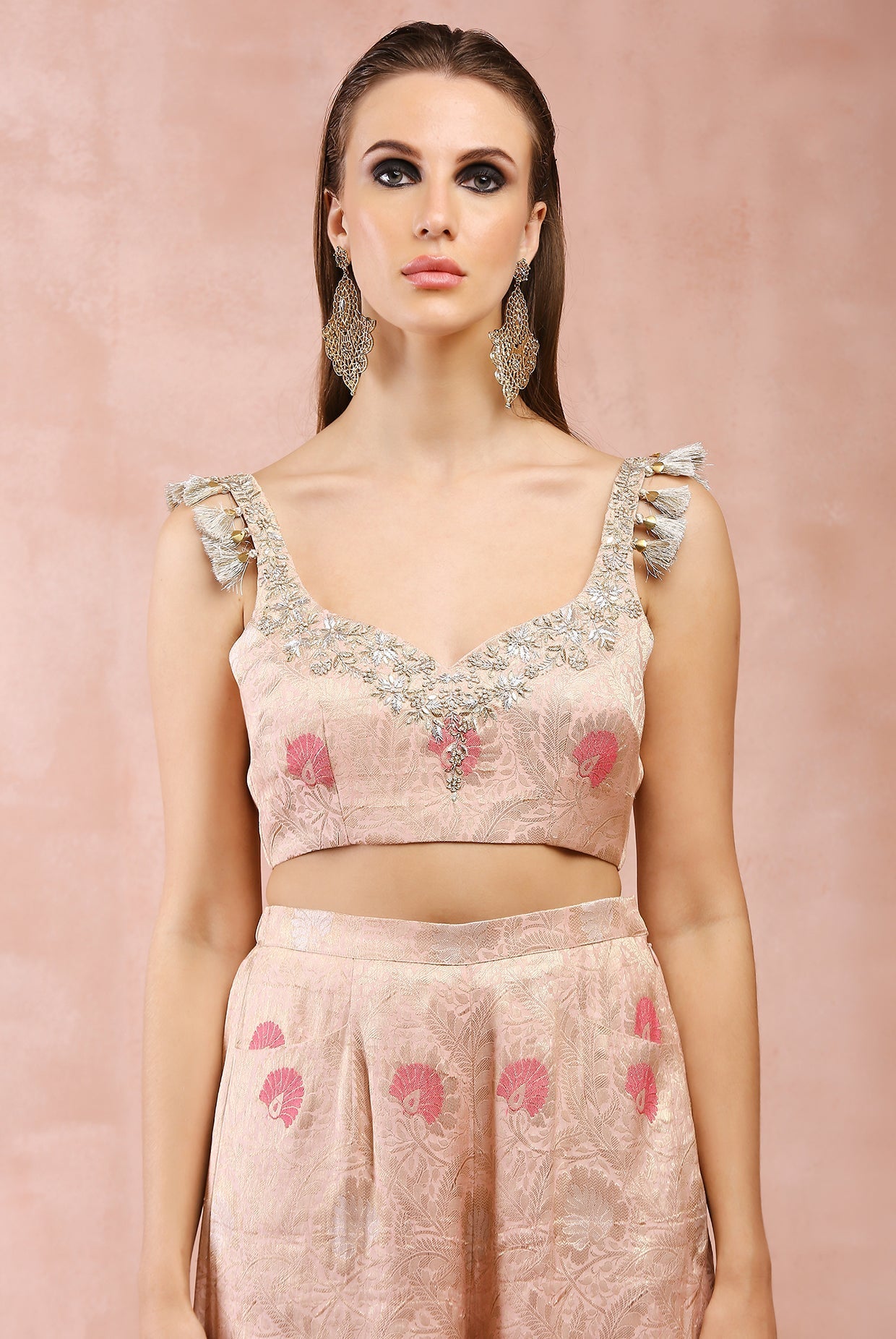 Rose pink embroidered choli and palazzo with dupatta