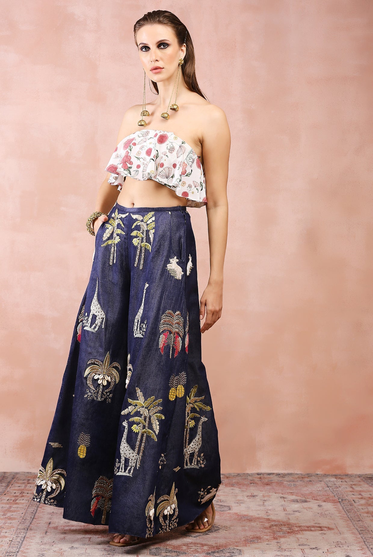 Off white crepe ruffle bustier with pants