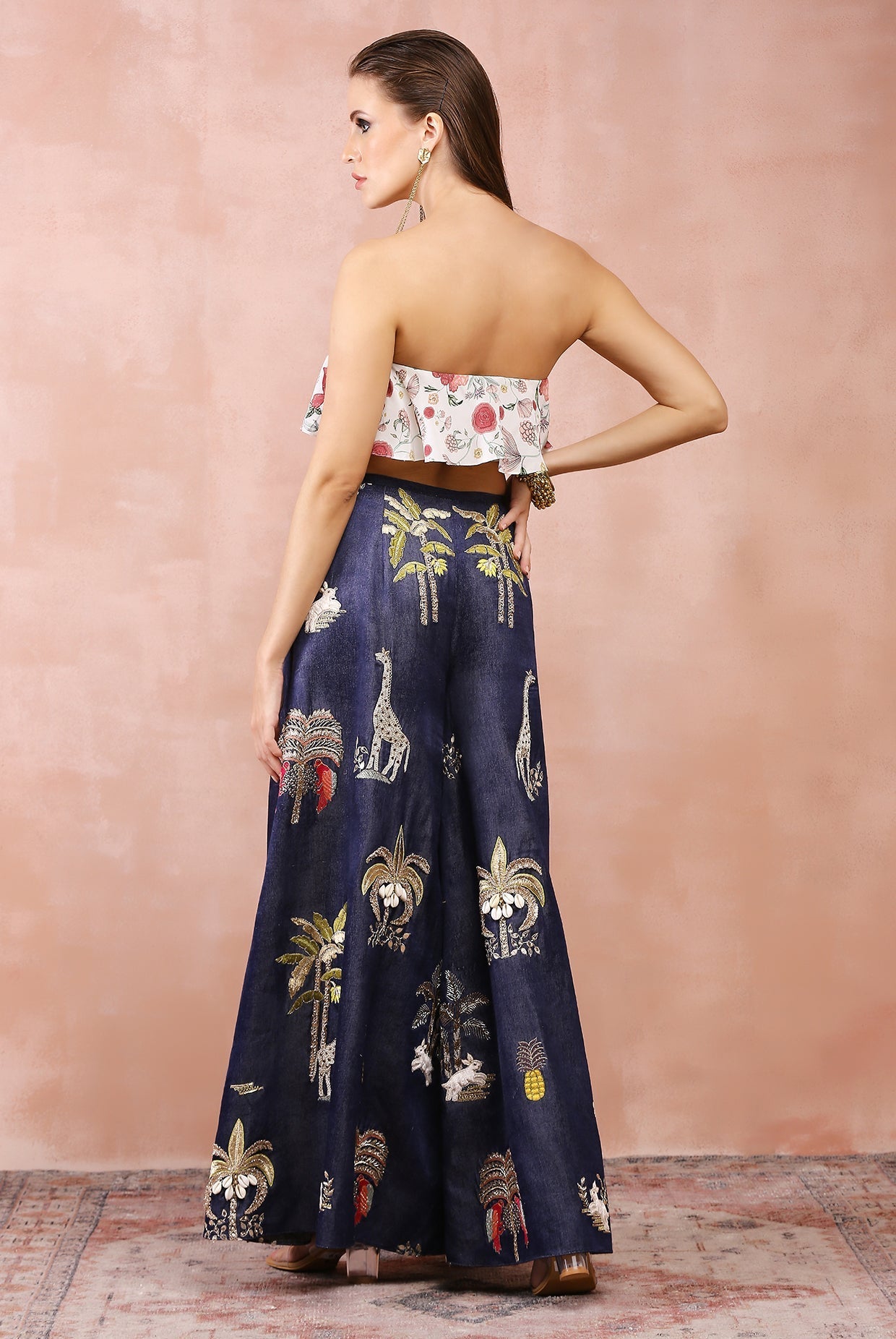 Off white crepe ruffle bustier with pants