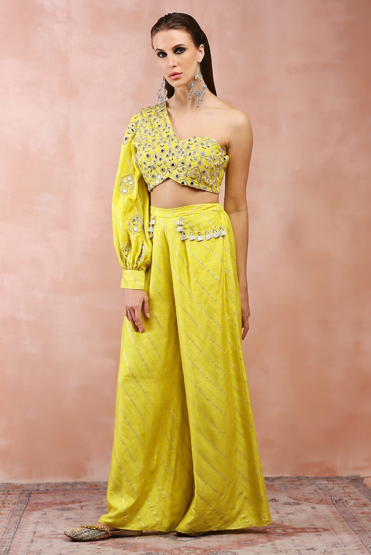 Lime green embroidered one shoulder top and palazzo.