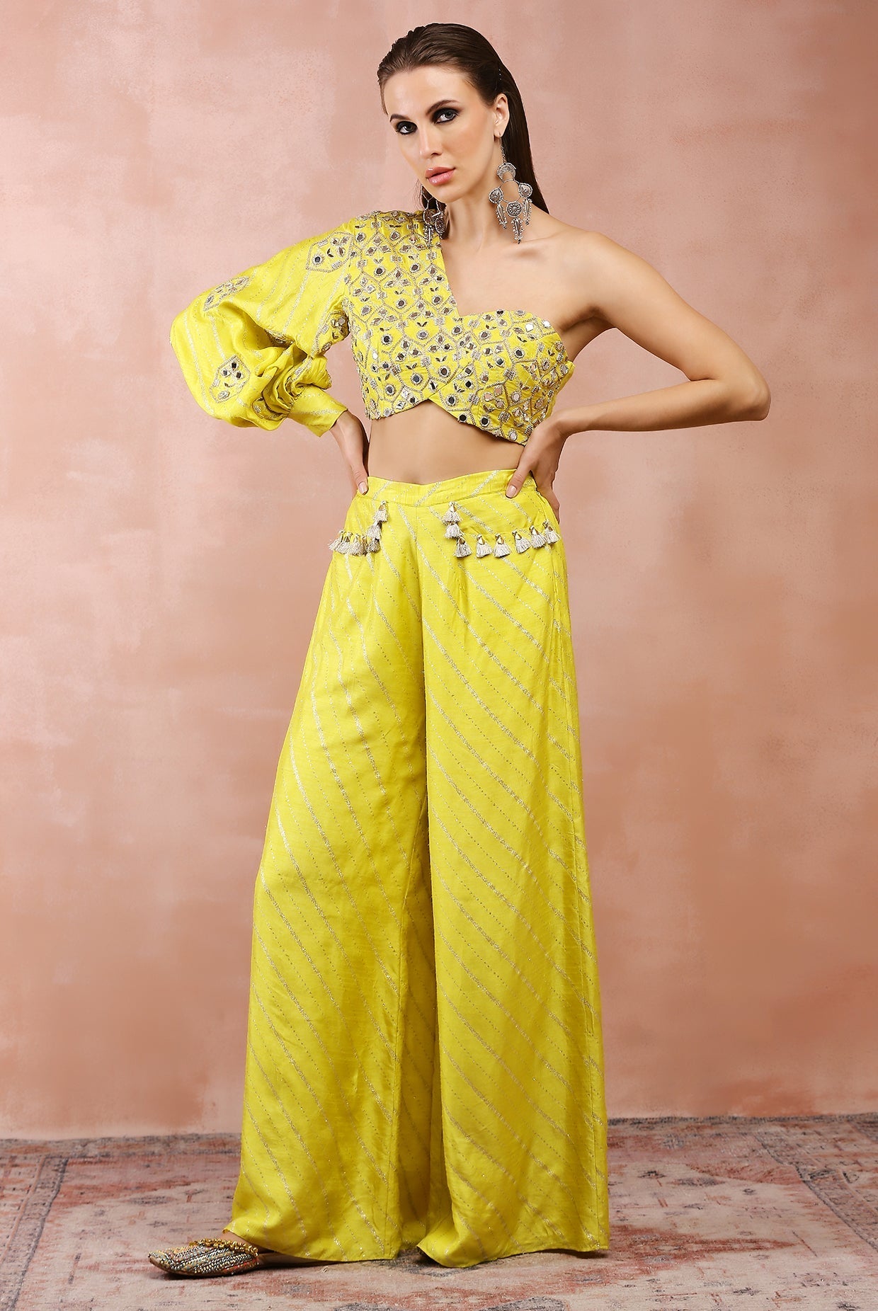 Lime green embroidered one shoulder top and palazzo.