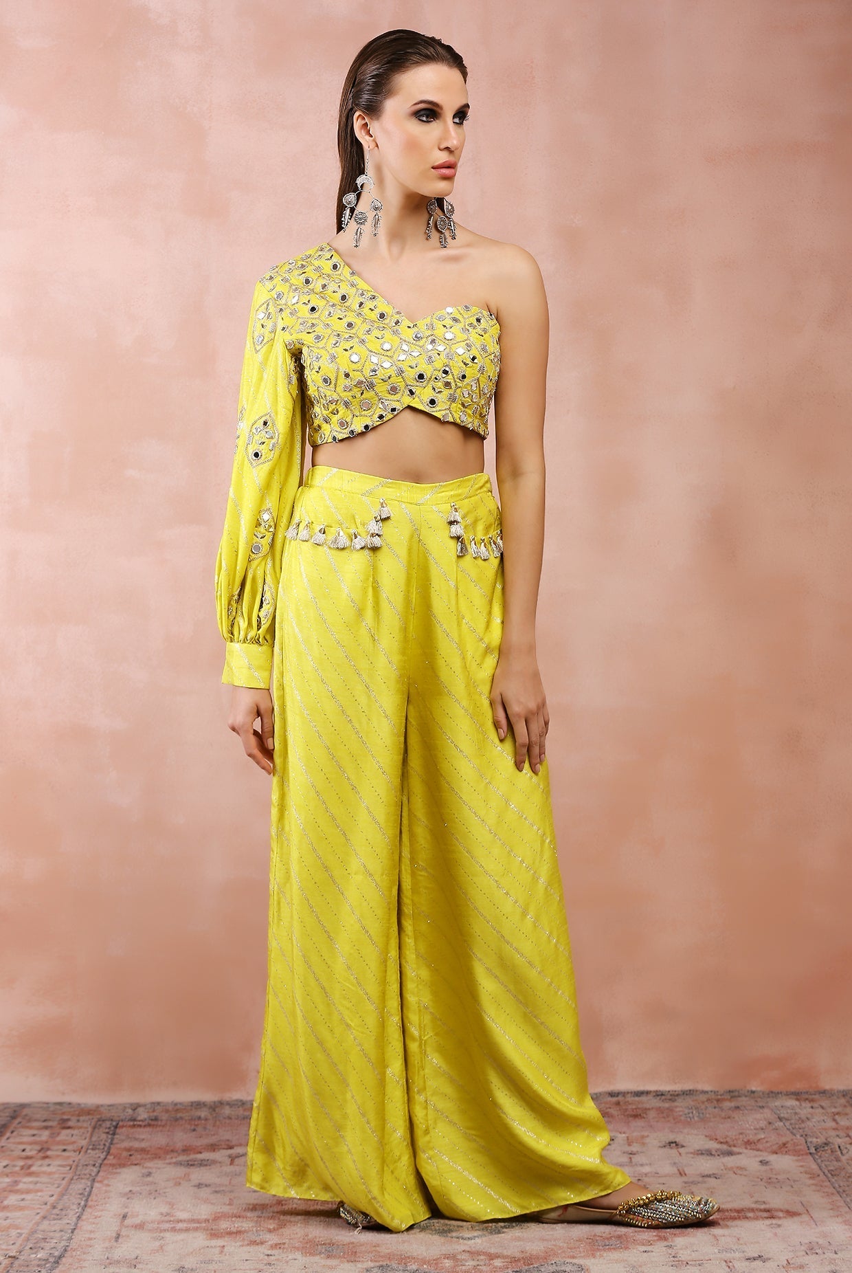 Lime green embroidered one shoulder top and palazzo.