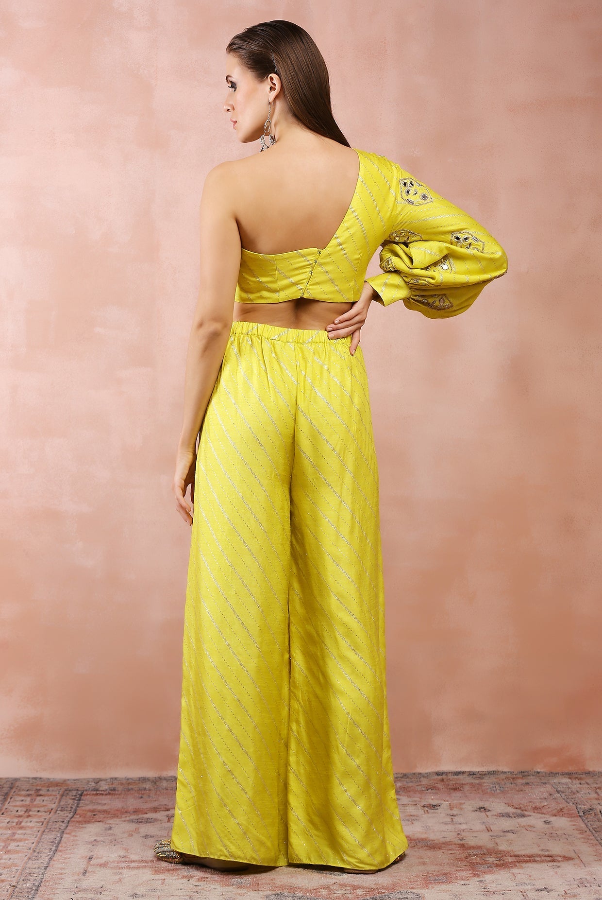 Lime green embroidered one shoulder top and palazzo.