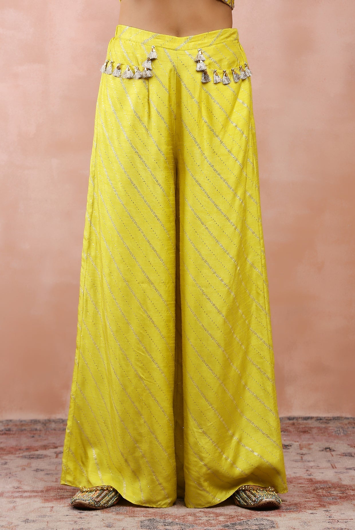 Lime green embroidered one shoulder top and palazzo.