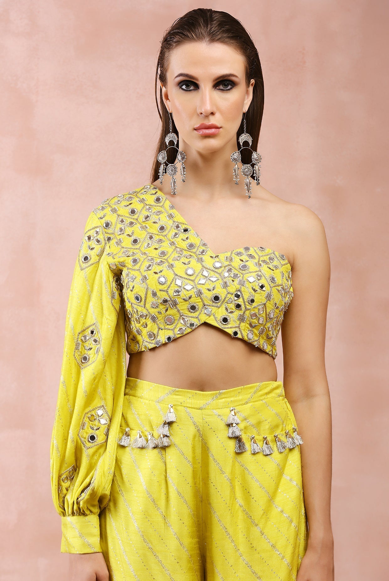 Lime green embroidered one shoulder top and palazzo.