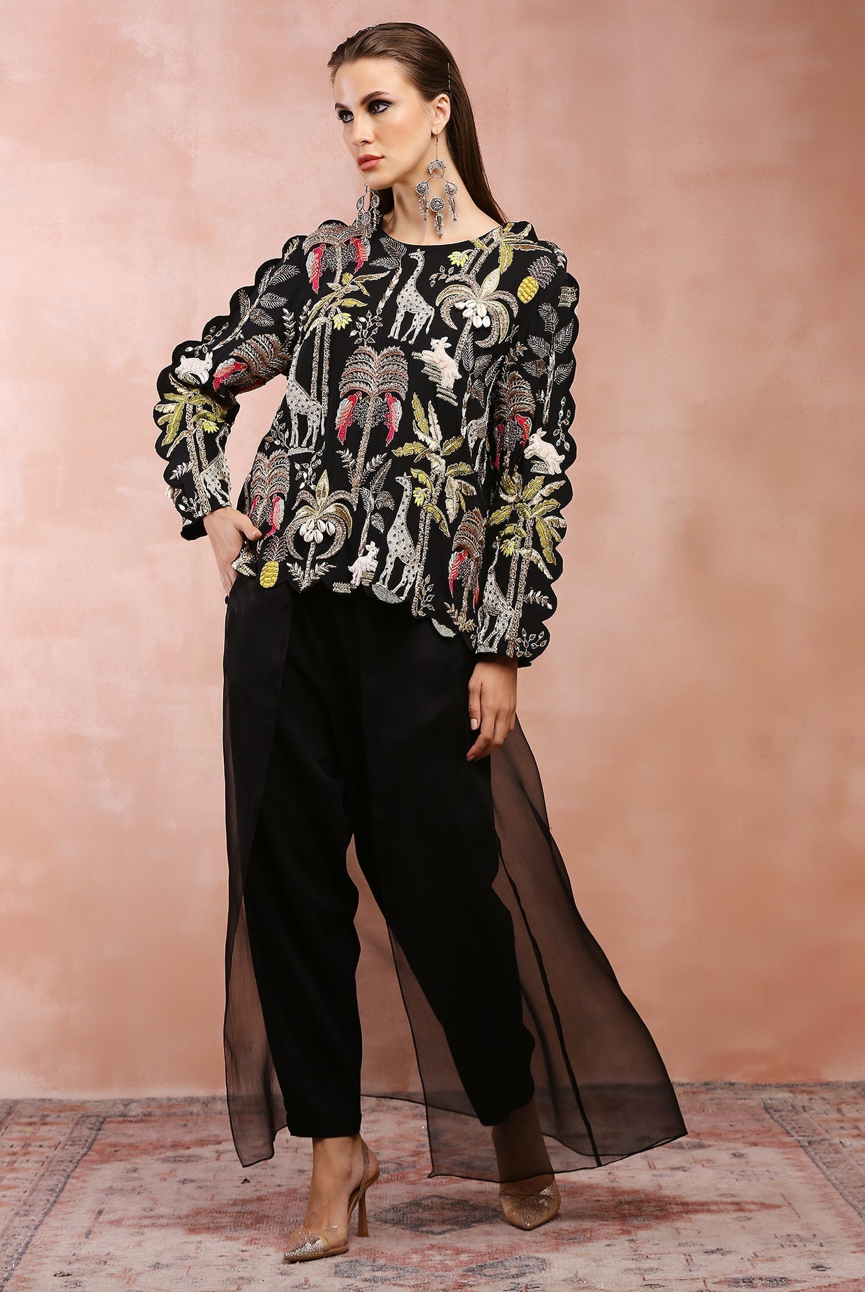 Black embroidered top and jogger pant with attached overlay