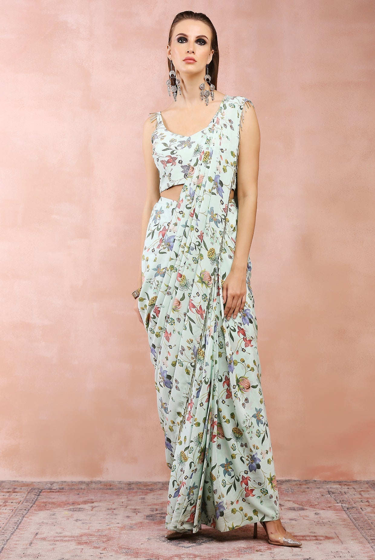 Mint nargis print embroidered choli with pre-stitched saree.