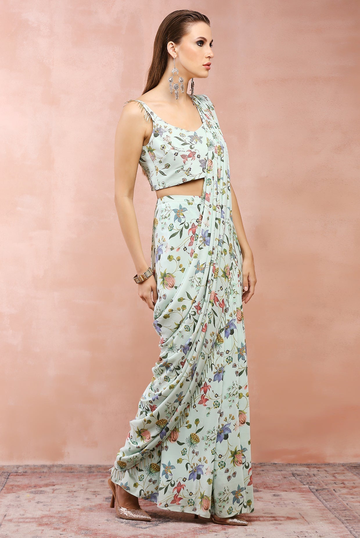 Mint nargis print embroidered choli with pre-stitched saree.