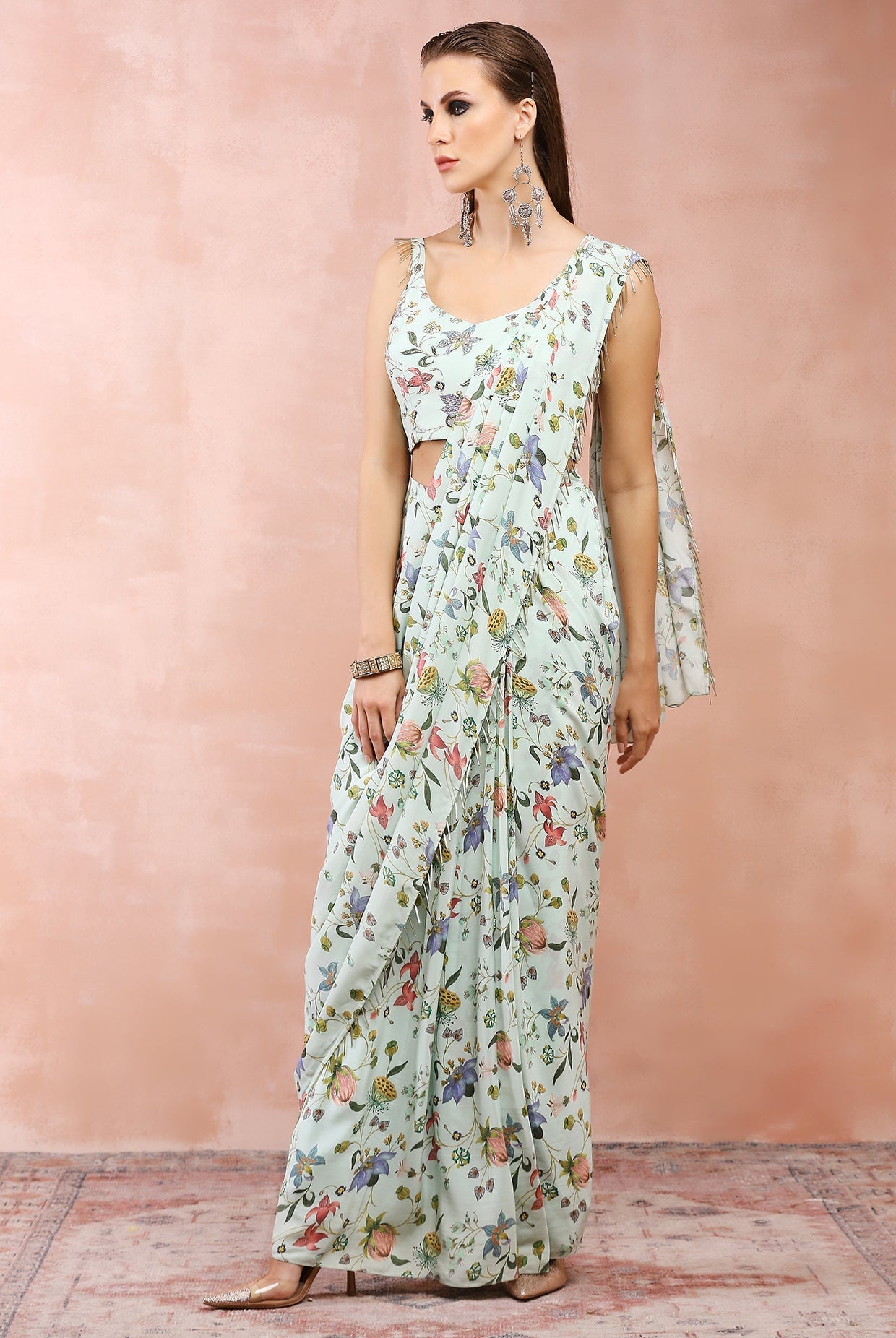 Mint nargis print embroidered choli with pre-stitched saree.