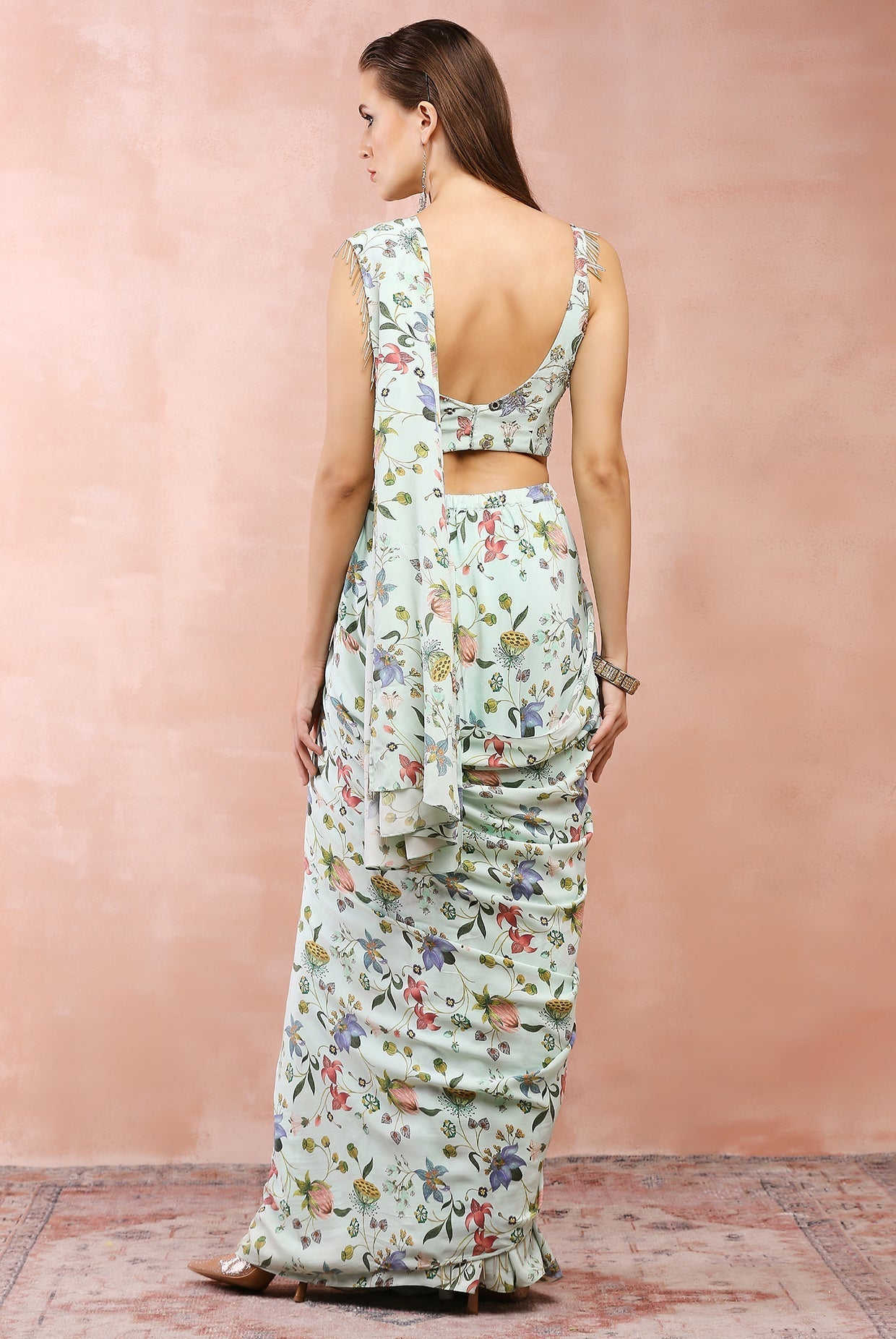 Mint nargis print embroidered choli with pre-stitched saree.