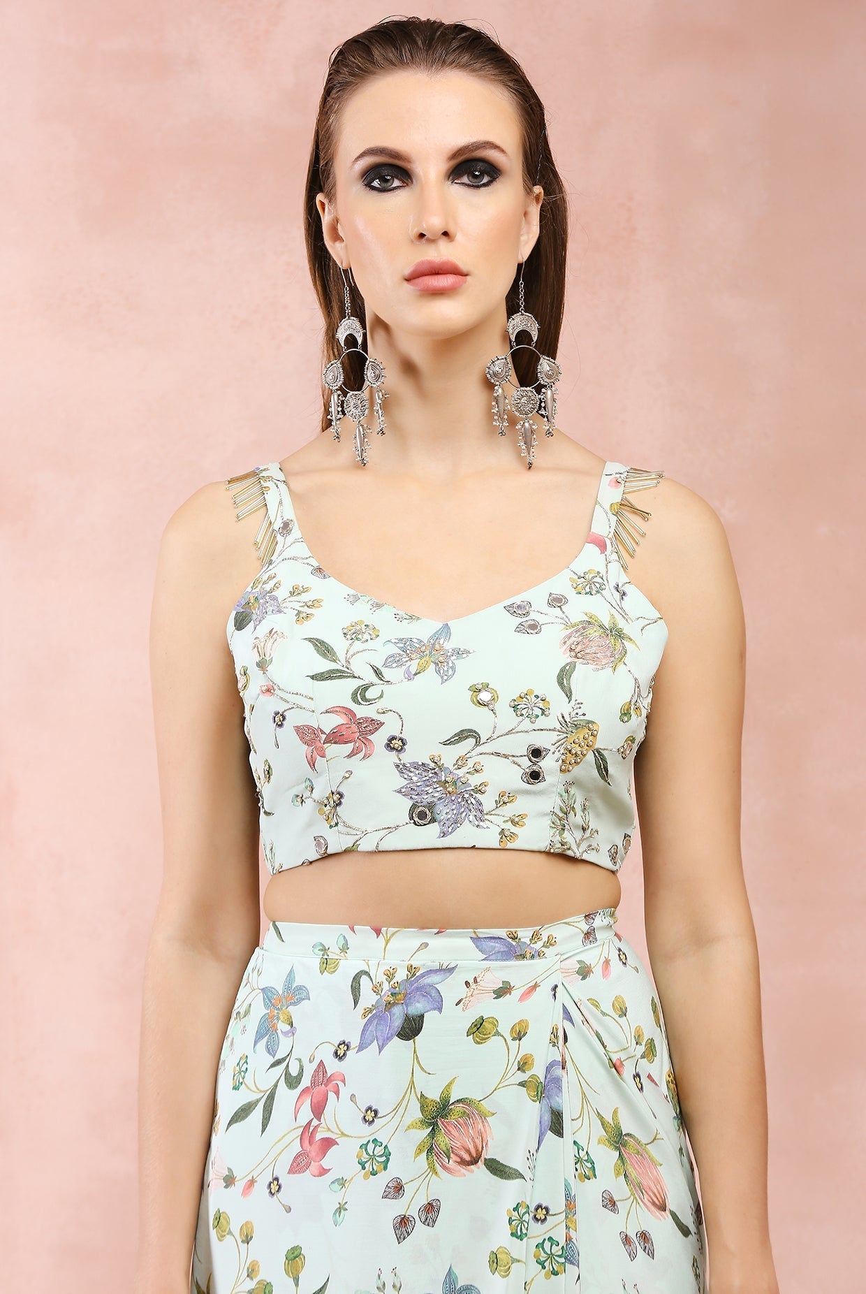 Mint nargis print embroidered choli with pre-stitched saree.