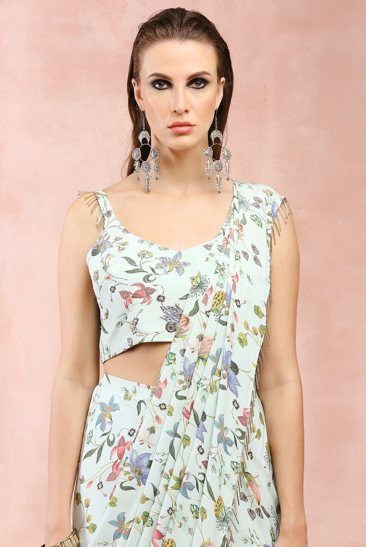 Mint nargis print embroidered choli with pre-stitched saree.