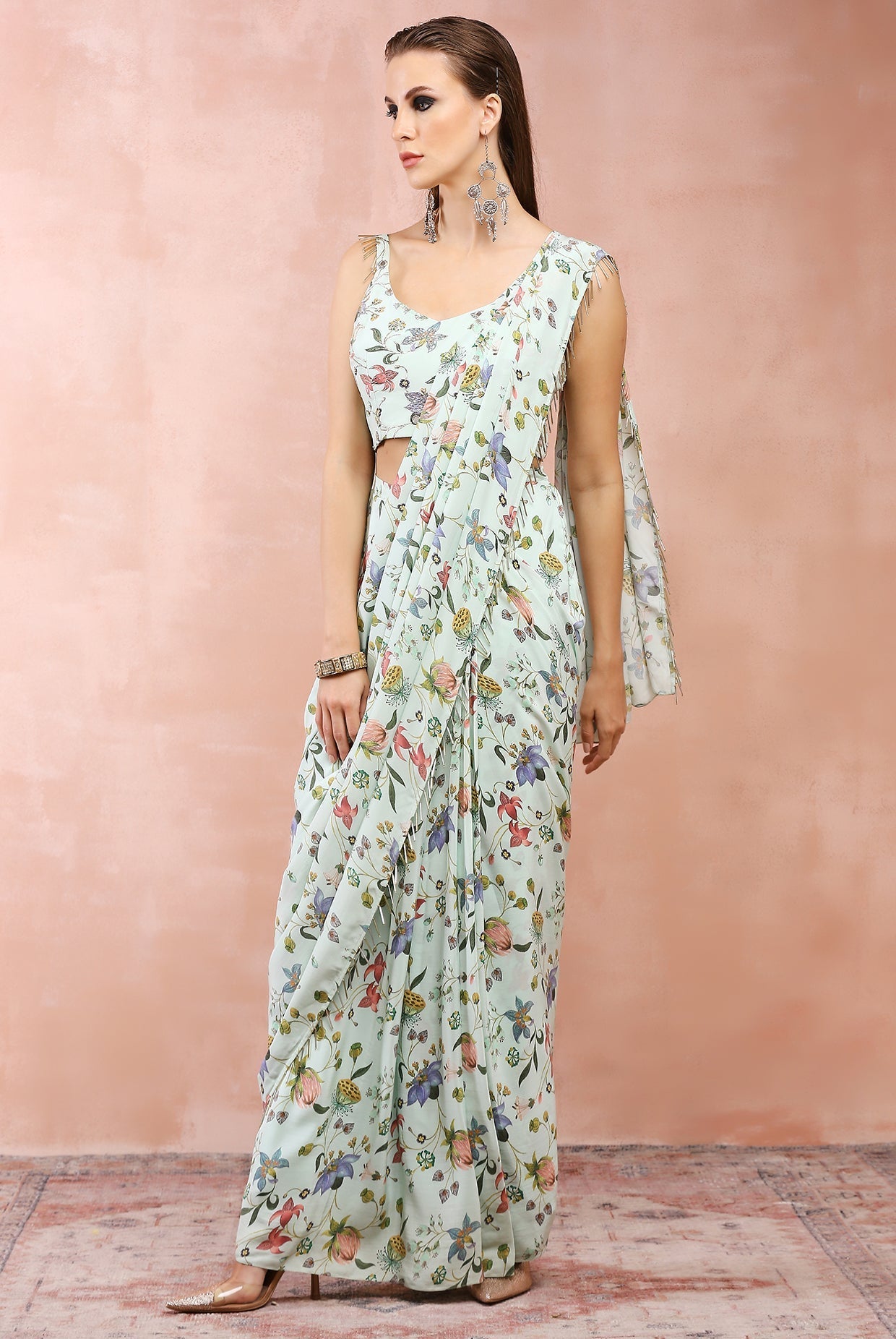 Mint nargis print embroidered choli with pre-stitched saree.