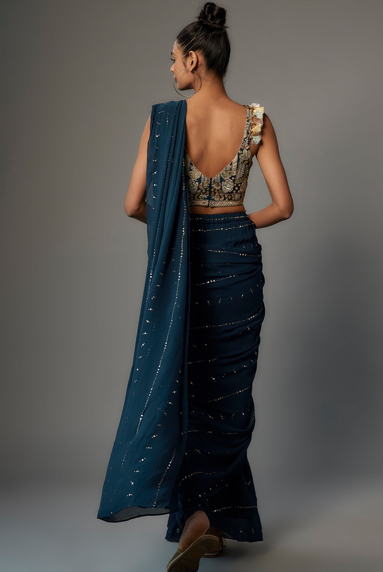TEAL BLUE EMBROIDERED CHOLI WITH PRE-STICHED SAREE
