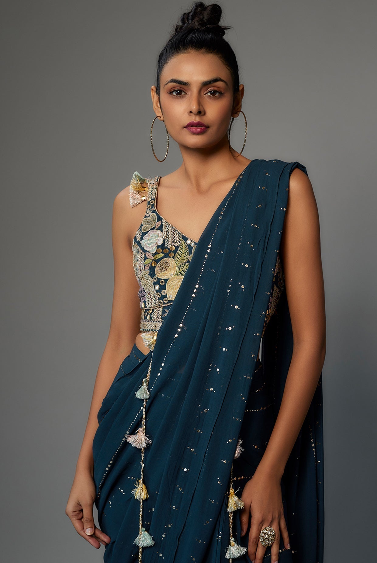 TEAL BLUE EMBROIDERED CHOLI WITH PRE-STICHED SAREE