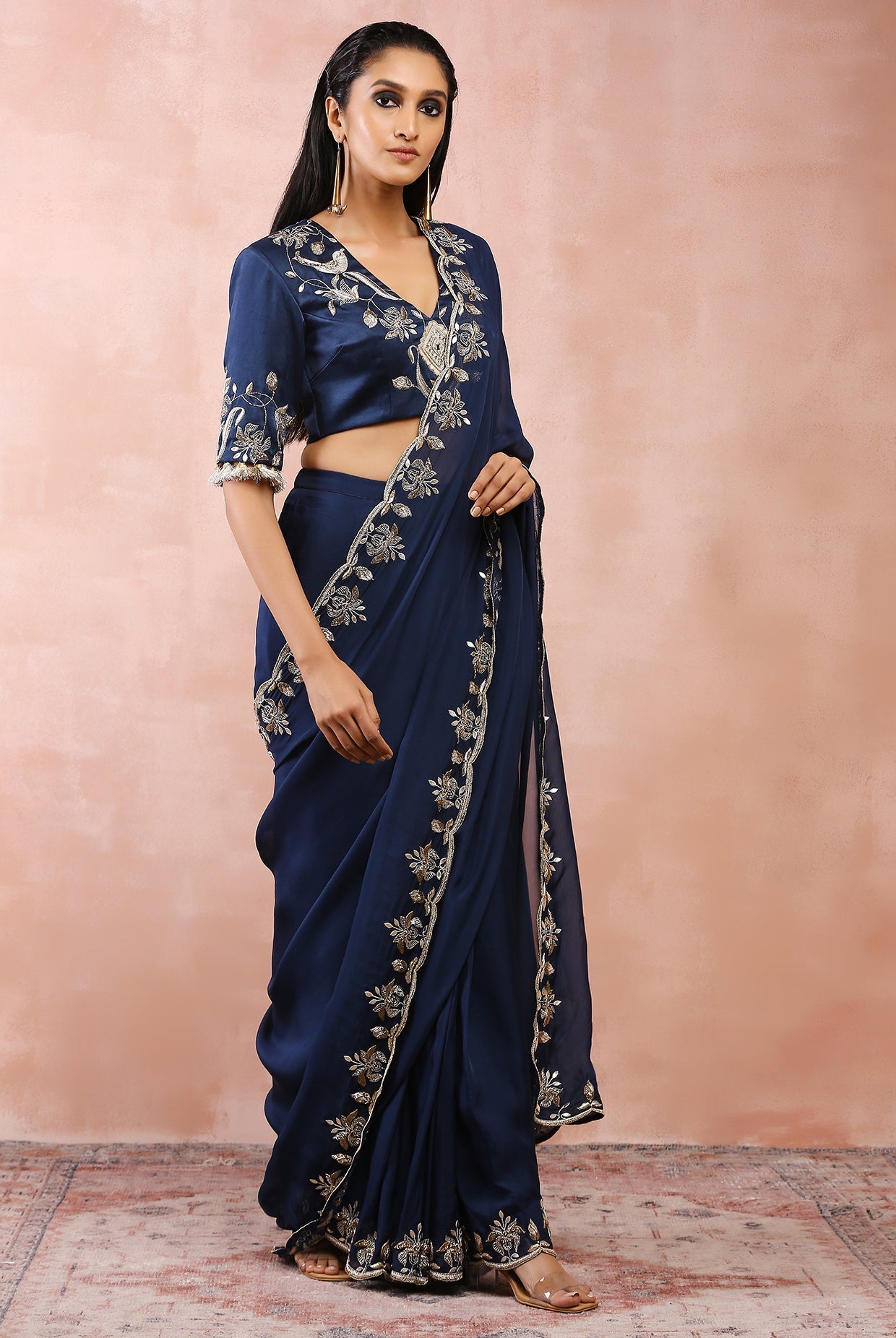 Navy embroidered choli and pre-stitched saree