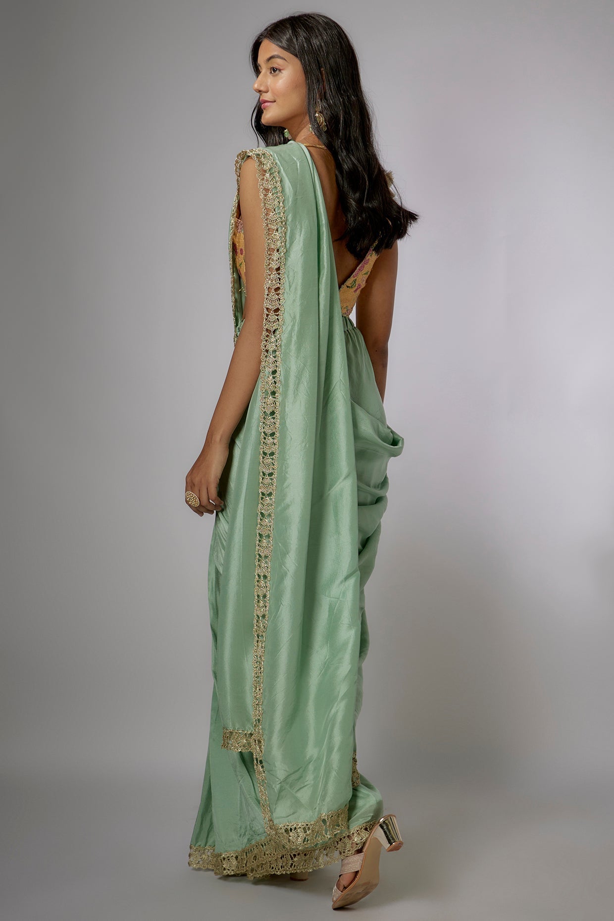 Mustard Printed Lurex Choli With Periwinkle Blue Thik Silk Saree