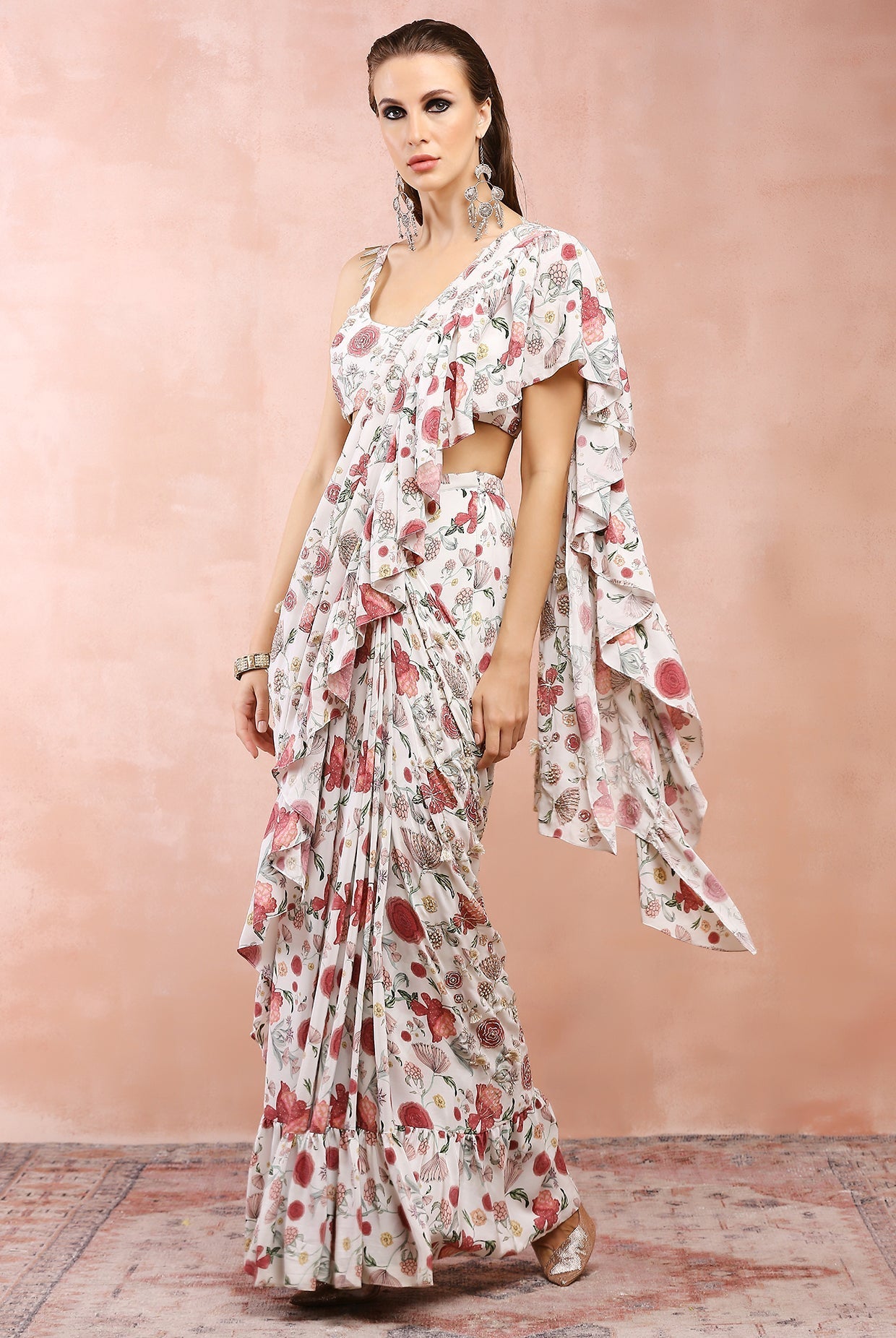 Off White Gulbagh Print Embroidered Choli With Pre-stitched Frill Saree