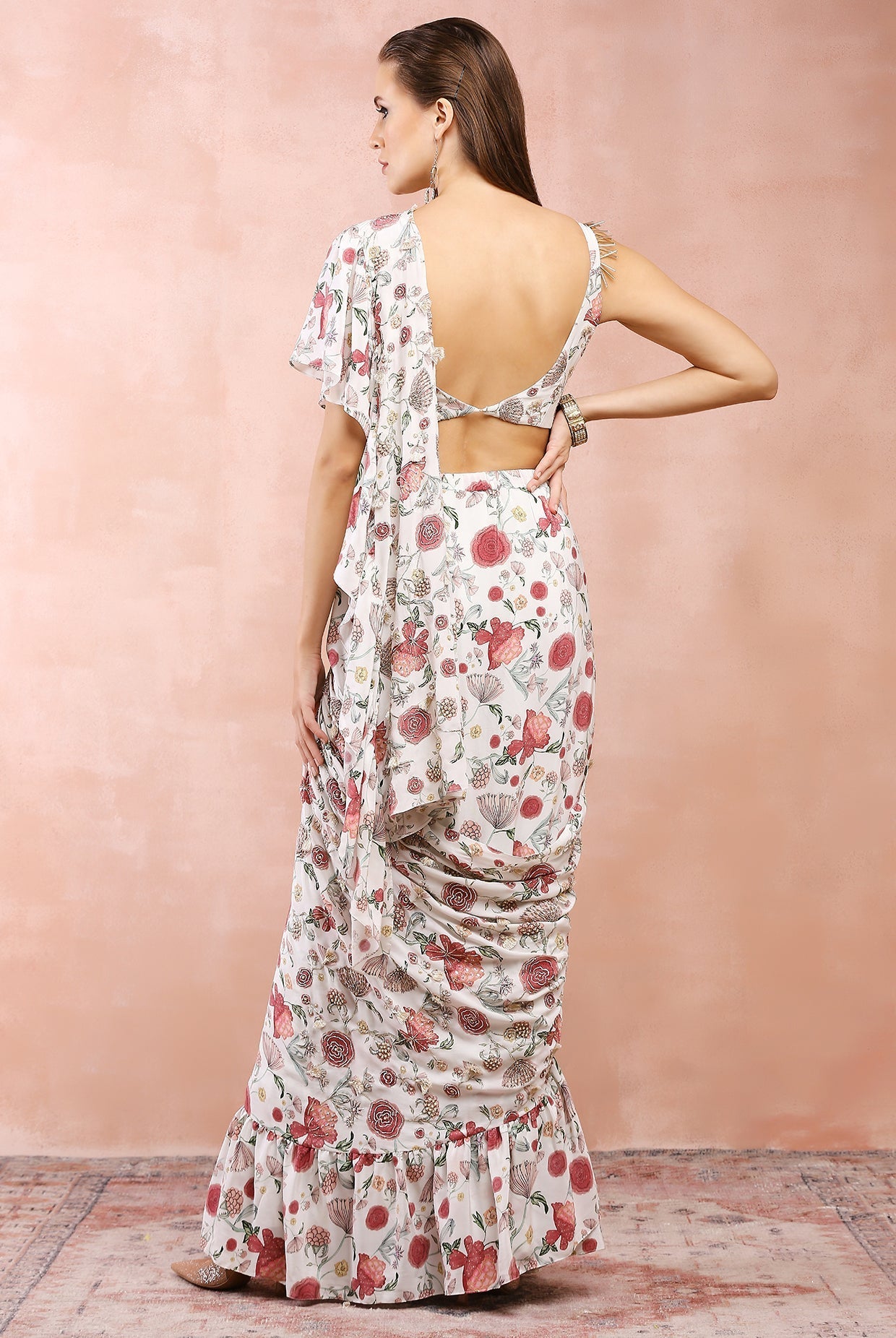 Off White Gulbagh Print Embroidered Choli With Pre-stitched Frill Saree