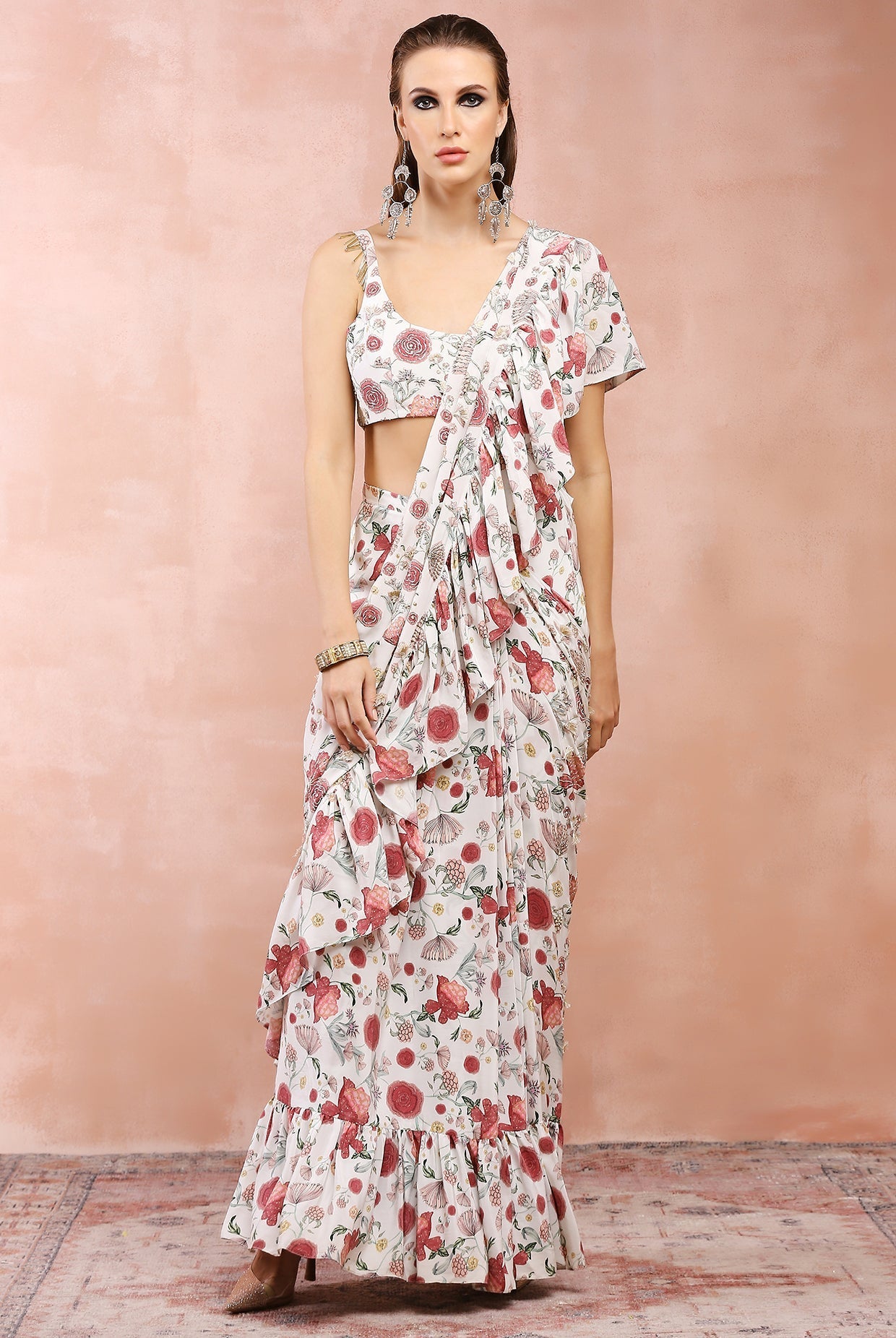 Off White Gulbagh Print Embroidered Choli With Pre-stitched Frill Saree