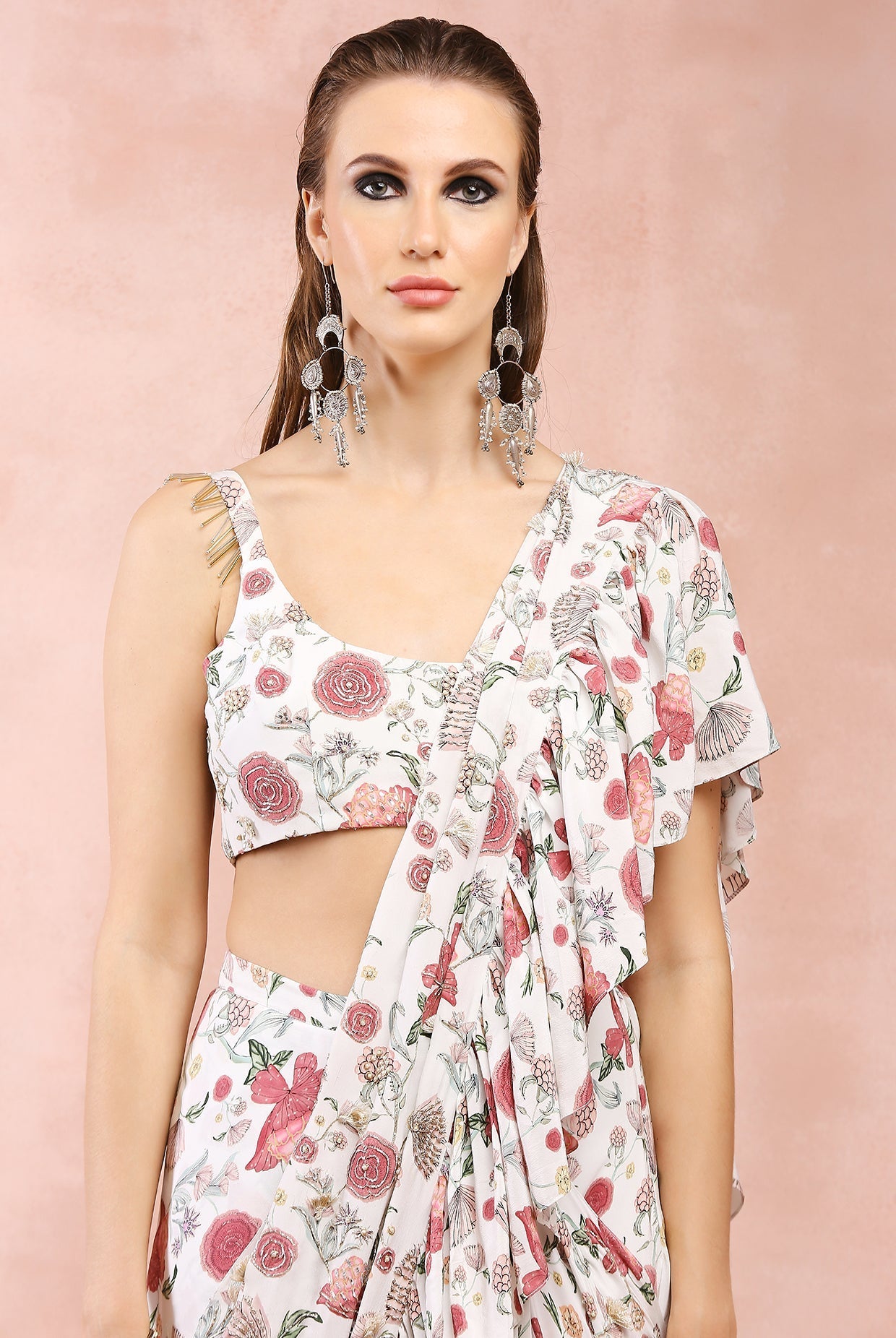 Off White Gulbagh Print Embroidered Choli With Pre-stitched Frill Saree