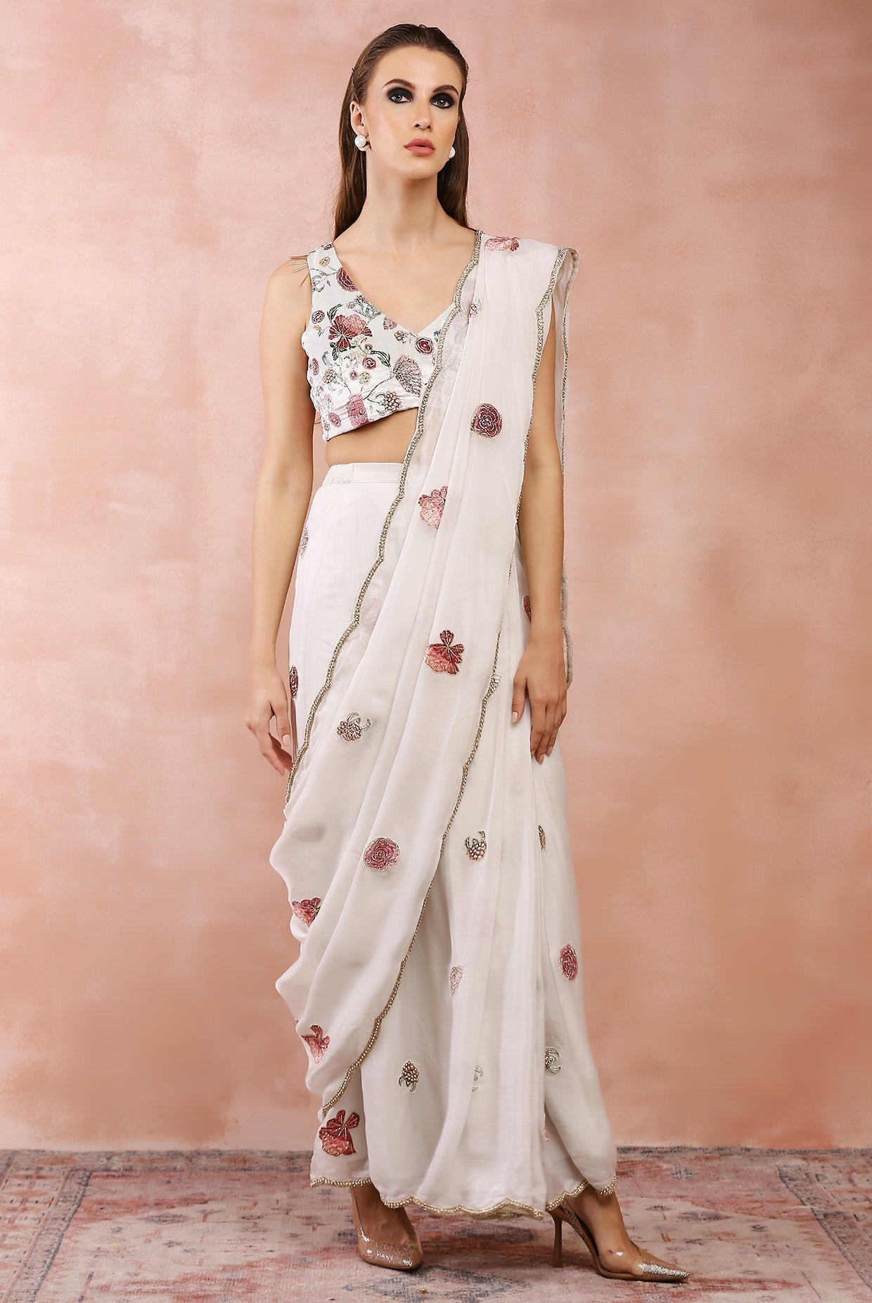 Off White Gulbagh Embroidered Choli With Pre-stitched Saree
