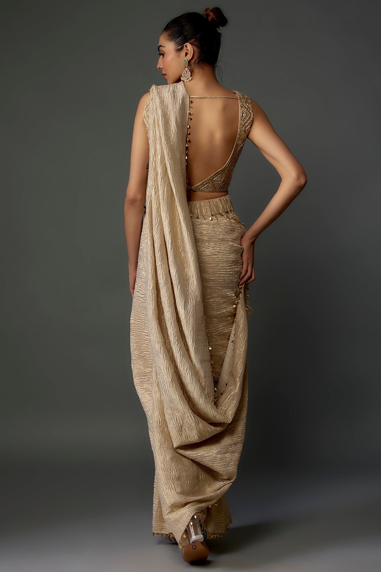 Gold Embroidered Choli And Pre-Stitched Saree