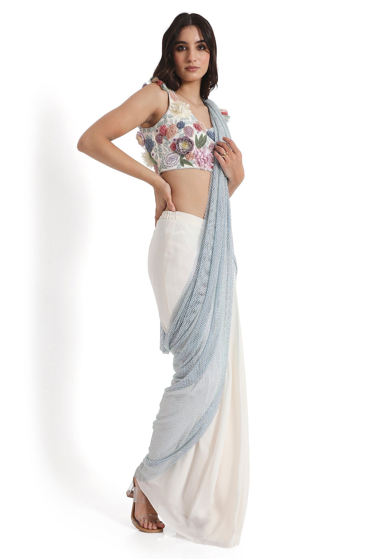 Off-White Embroidered Choli With Saree